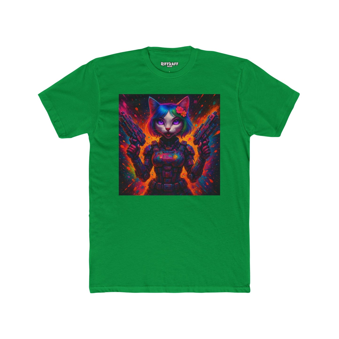 Futuristic Cat Warrior Unisex Cotton Crew Tee - Colorful for Animal Lovers - Riff Raff Wear