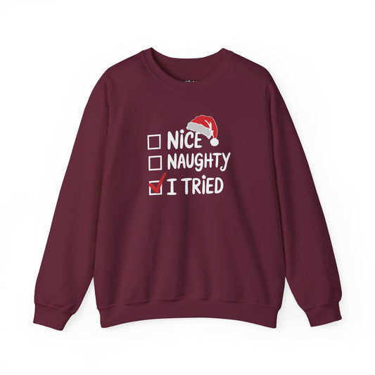 Christmas Sweatshirt, Funny Holiday Gift, Cozy Crewneck, Naughty Nice Humor, Unisex Winter Style, Festive Apparel - DMHoops.com