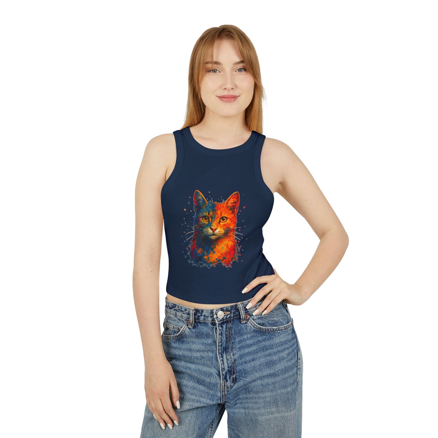 Colorful Cat Graphic Racer Tank Top for Women - Riff Raff Wear