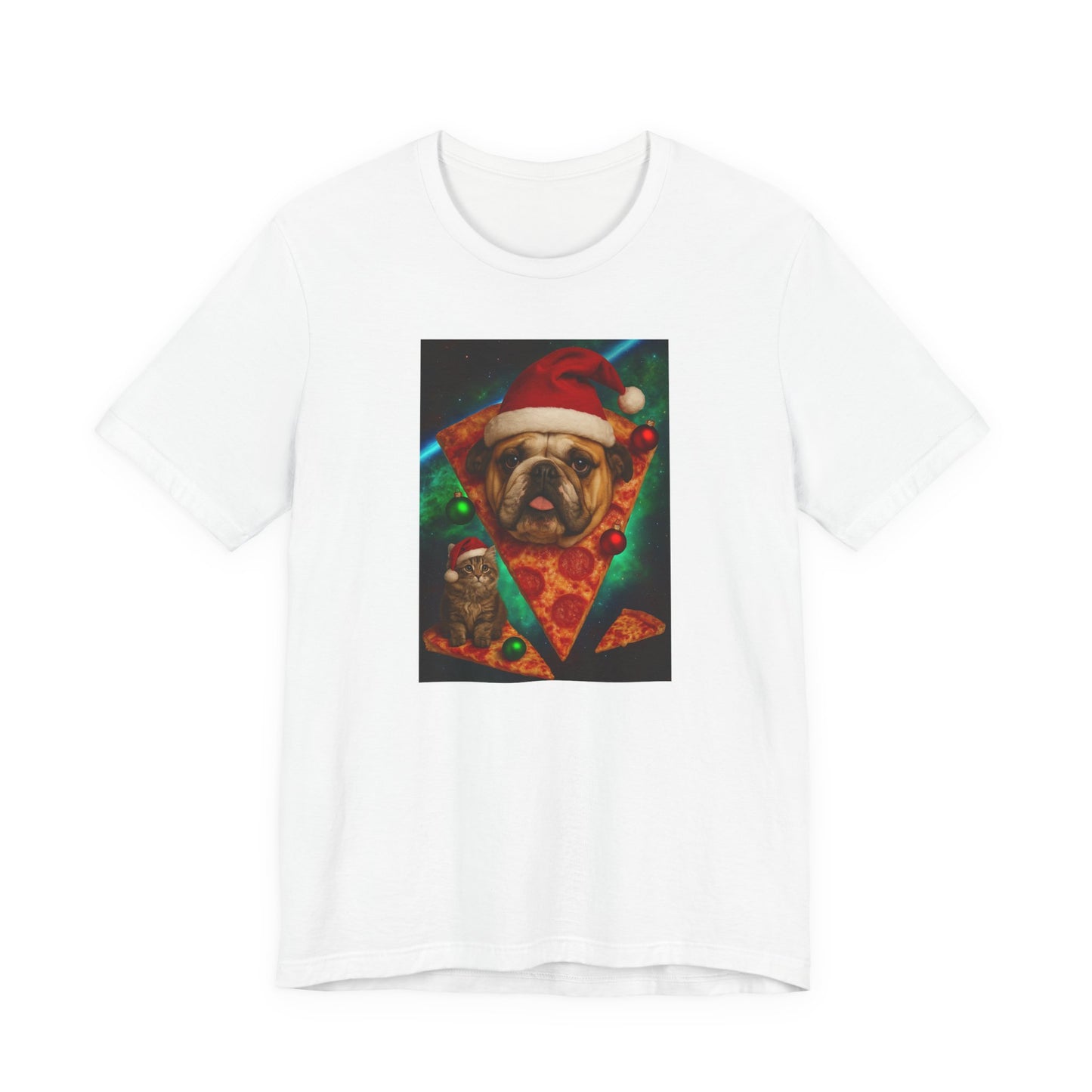 Festive Dog Pizza Tee - Unisex Short Sleeve T-Shirt, Funny Holiday Shirt, Pet Lover Gift, Christmas Apparel, Cute Animal Tee - Riff Raff Wear
