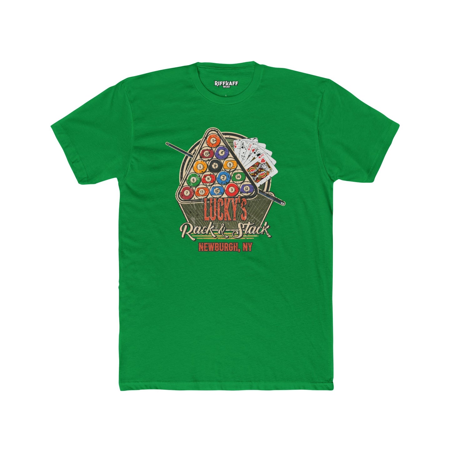 Lucky's Pool Hall Unisex Cotton Crew Tee Pool Up Front. Poker In The Rear. - Riff Raff Wear Underground