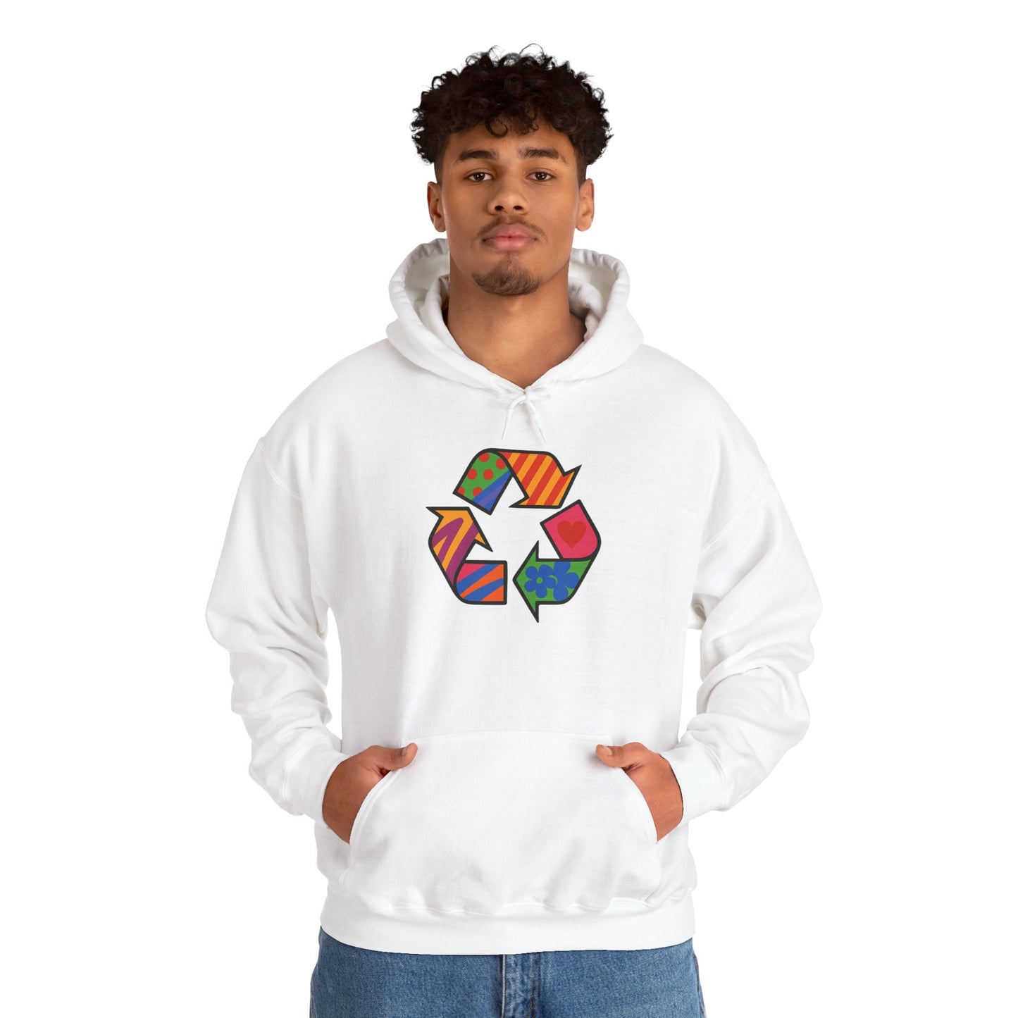 Eco-Friendly Unisex Hoodie with Colorful Recycle Design - Riff Raff Wear