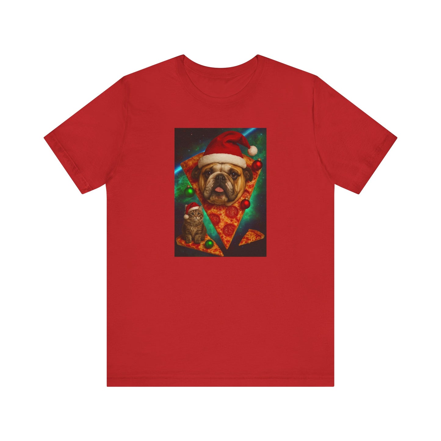 Festive Dog Pizza Tee - Unisex Short Sleeve T-Shirt, Funny Holiday Shirt, Pet Lover Gift, Christmas Apparel, Cute Animal Tee - Riff Raff Wear