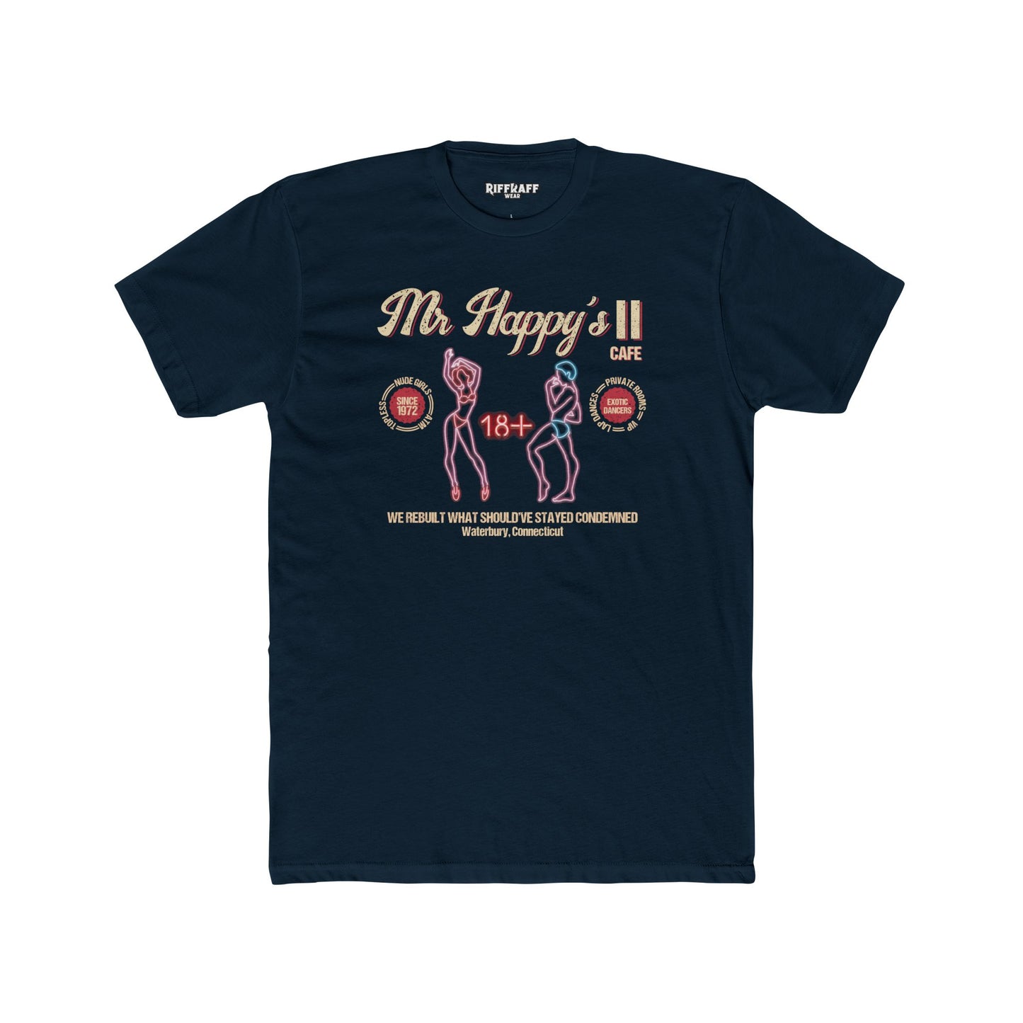 Mr. Happy's II Cafe Unisex Cotton Crew Tee - Fun Adult Humor T-Shirt - Riff Raff Wear Underground