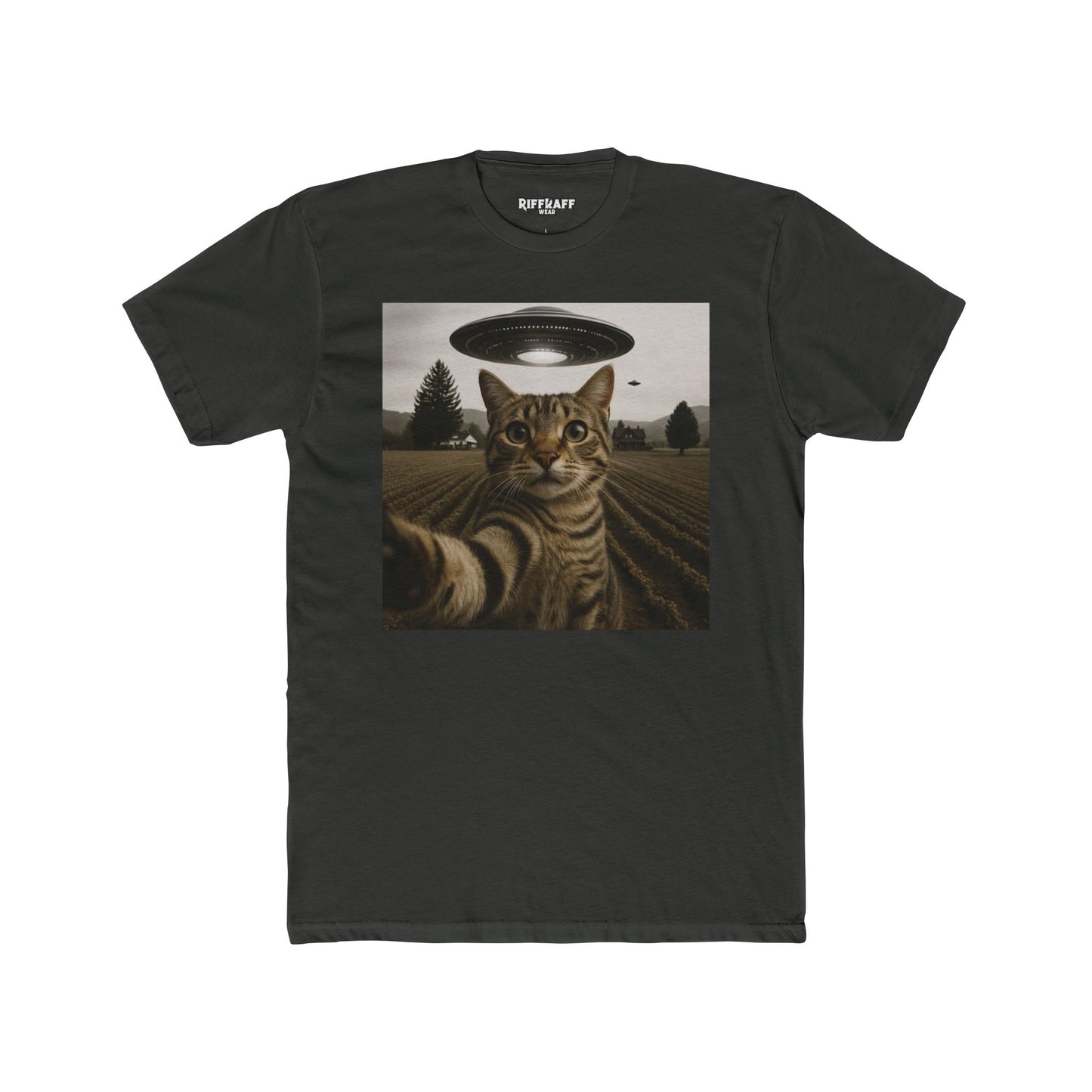 Alien Cat Unisex Cotton Crew Tee – Funny UFO Graphic T-Shirt - Riff Raff Wear