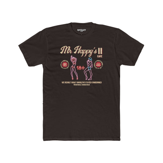 Mr. Happy's II Cafe Unisex Cotton Crew Tee - Fun Adult Humor T-Shirt - Riff Raff Wear Underground
