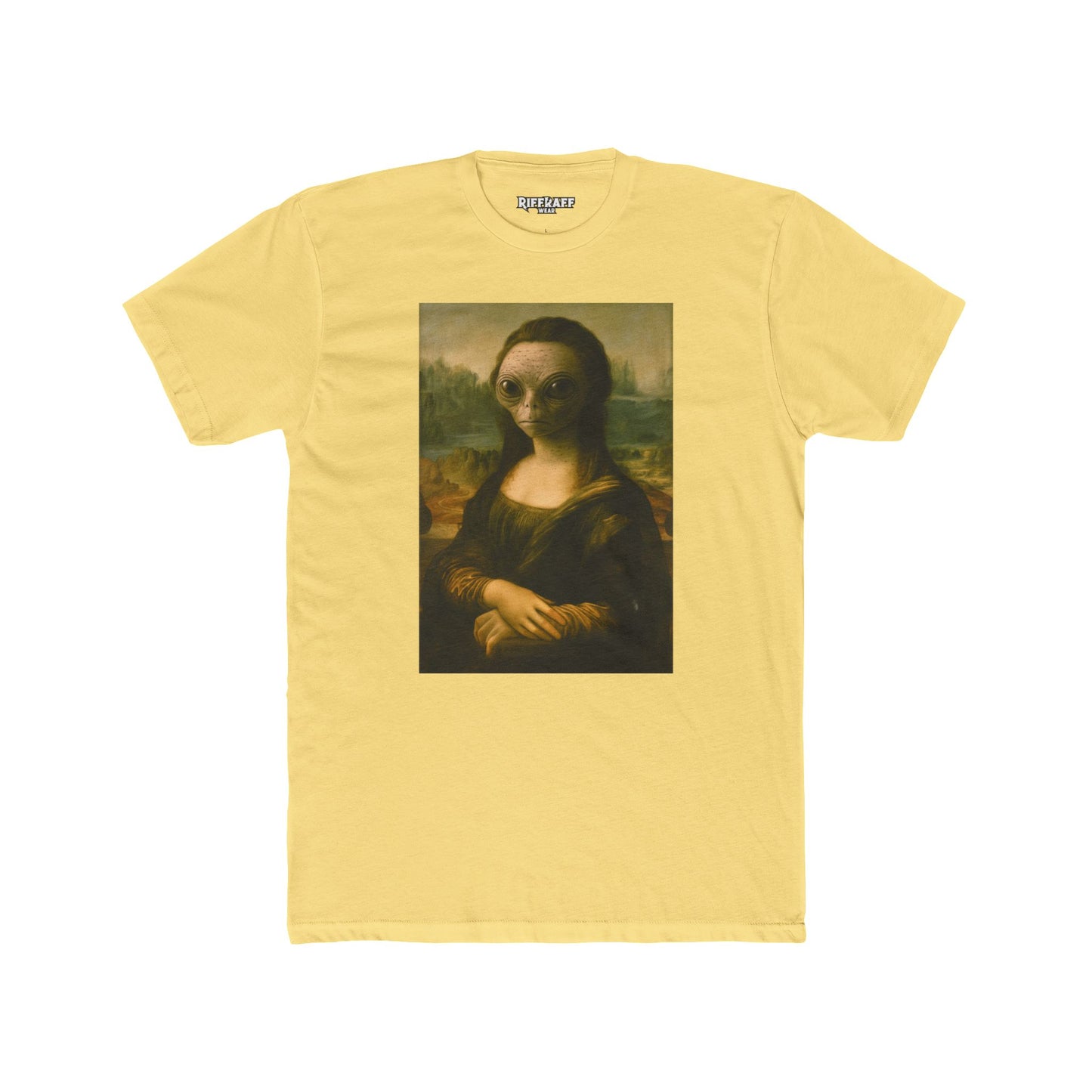 Alien Mona Lisa Unisex Cotton Crew Tee - Unique Graphic for Art Lovers - Riff Raff Wear