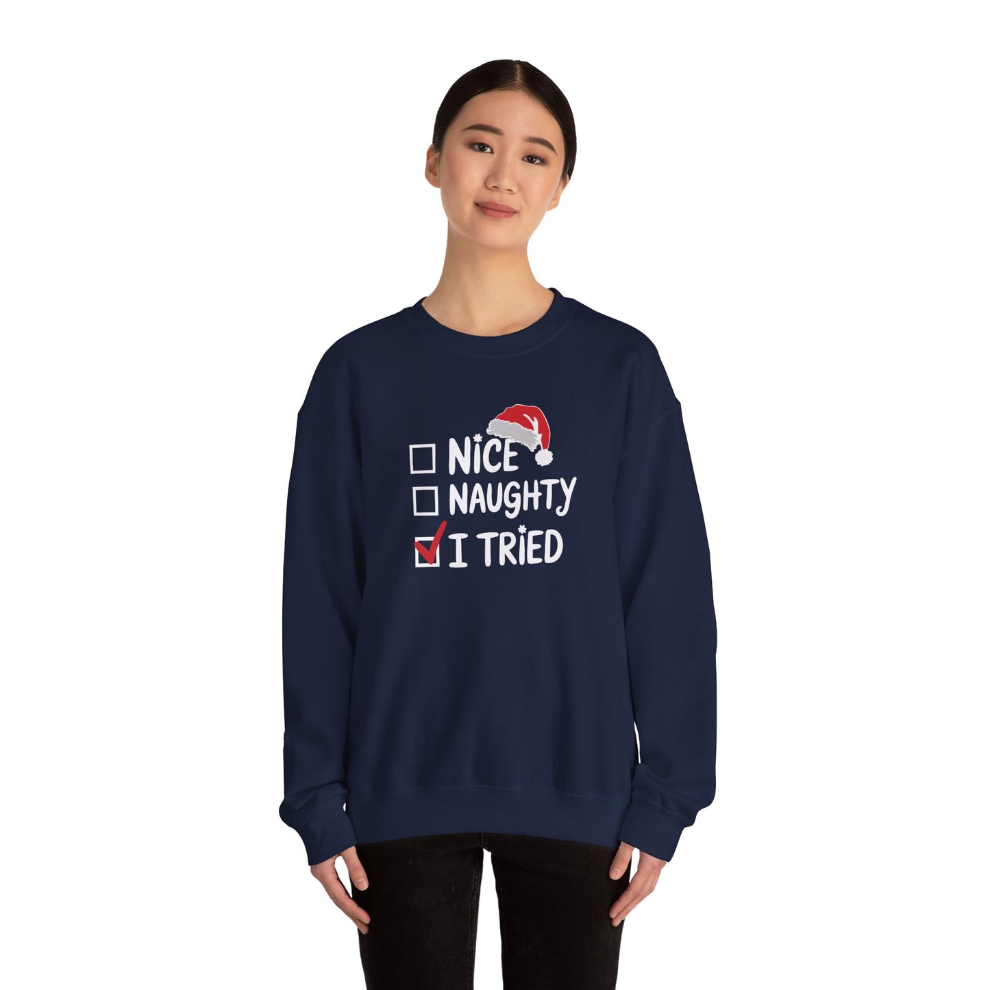 Christmas Sweatshirt, Funny Holiday Gift, Cozy Crewneck, Naughty Nice Humor, Unisex Winter Style, Festive Apparel - DMHoops.com