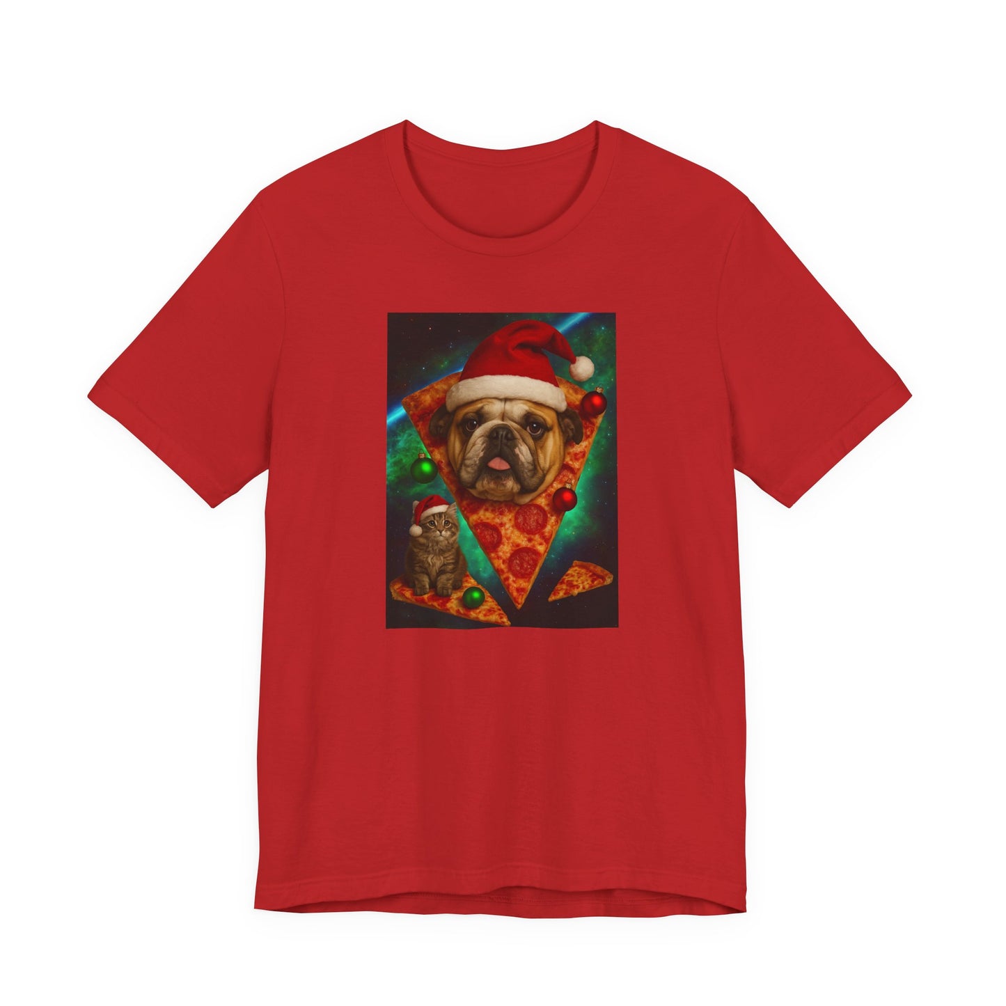 Festive Dog Pizza Tee - Unisex Short Sleeve T-Shirt, Funny Holiday Shirt, Pet Lover Gift, Christmas Apparel, Cute Animal Tee - Riff Raff Wear