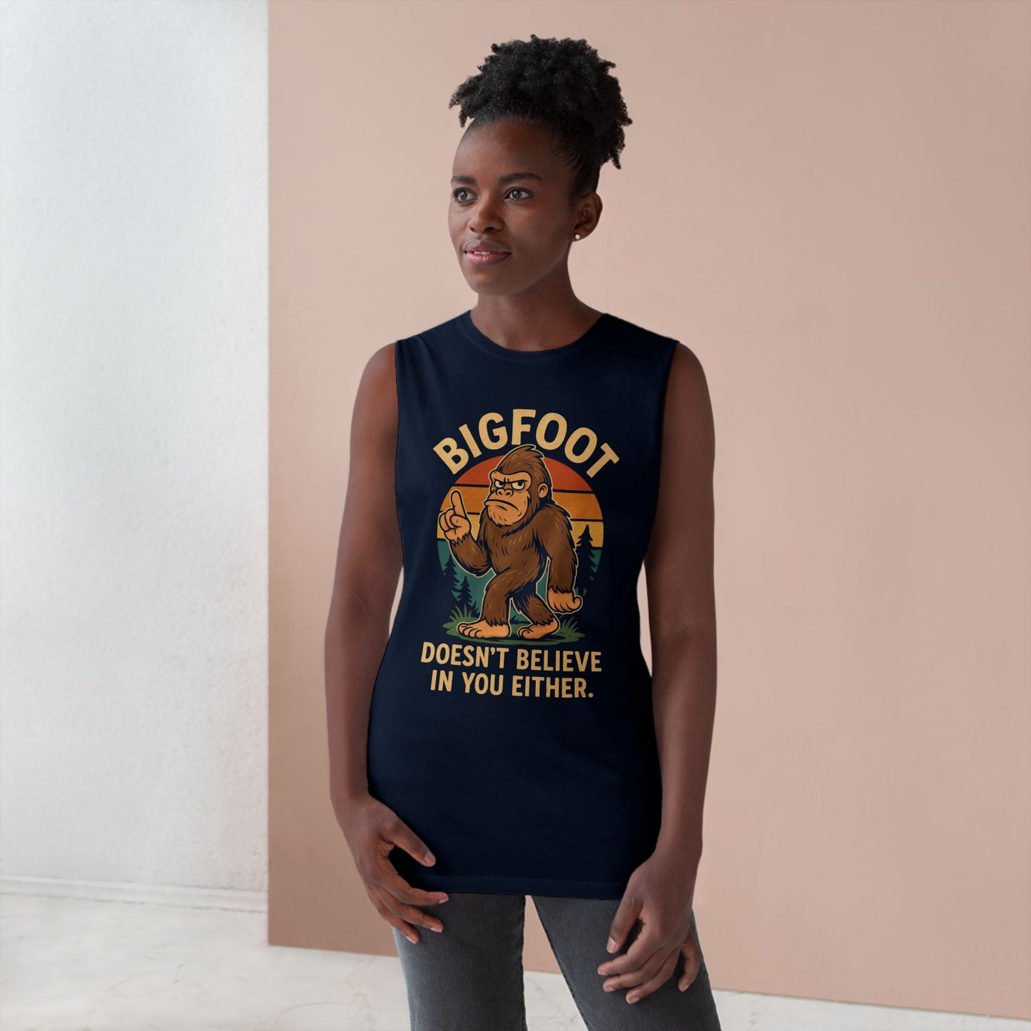 Unisex Bigfoot Humor Tank Top - Doesn't Believe in You Either - Riff Raff Wear
