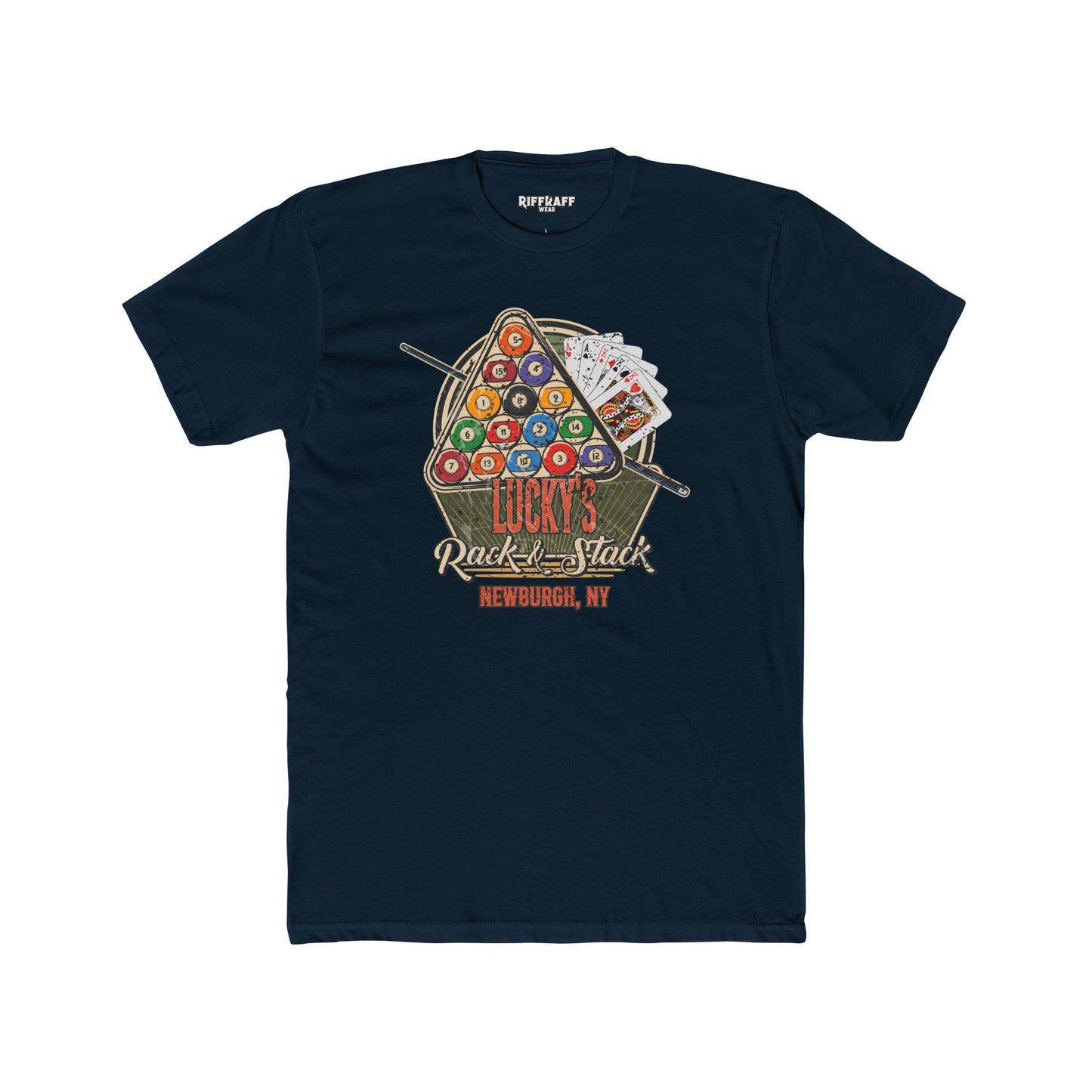 Lucky's Pool Hall Unisex Cotton Crew Tee Pool Up Front. Poker In The Rear. - Riff Raff Wear Underground