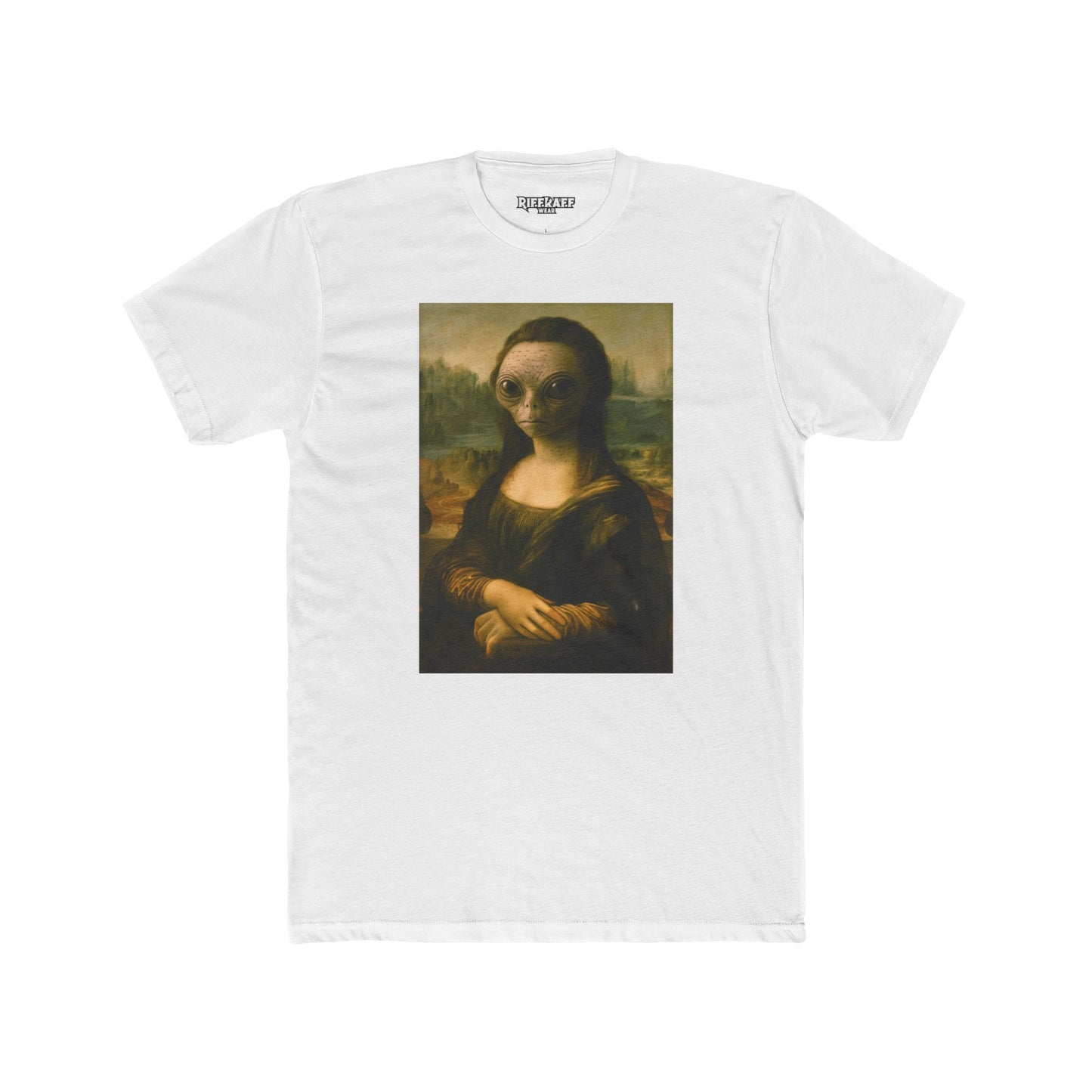 Alien Mona Lisa Unisex Cotton Crew Tee - Unique Graphic for Art Lovers - Riff Raff Wear
