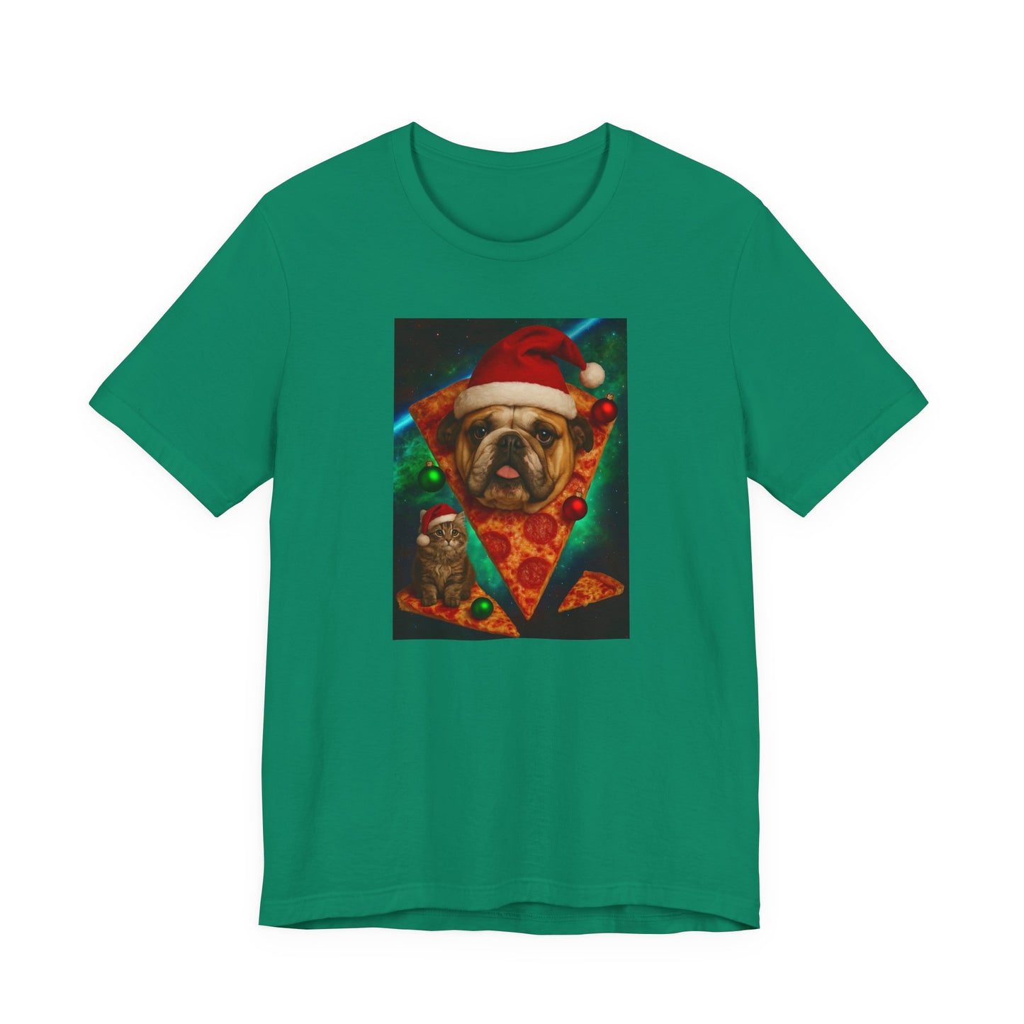 Festive Dog Pizza Tee - Unisex Short Sleeve T-Shirt, Funny Holiday Shirt, Pet Lover Gift, Christmas Apparel, Cute Animal Tee - Riff Raff Wear
