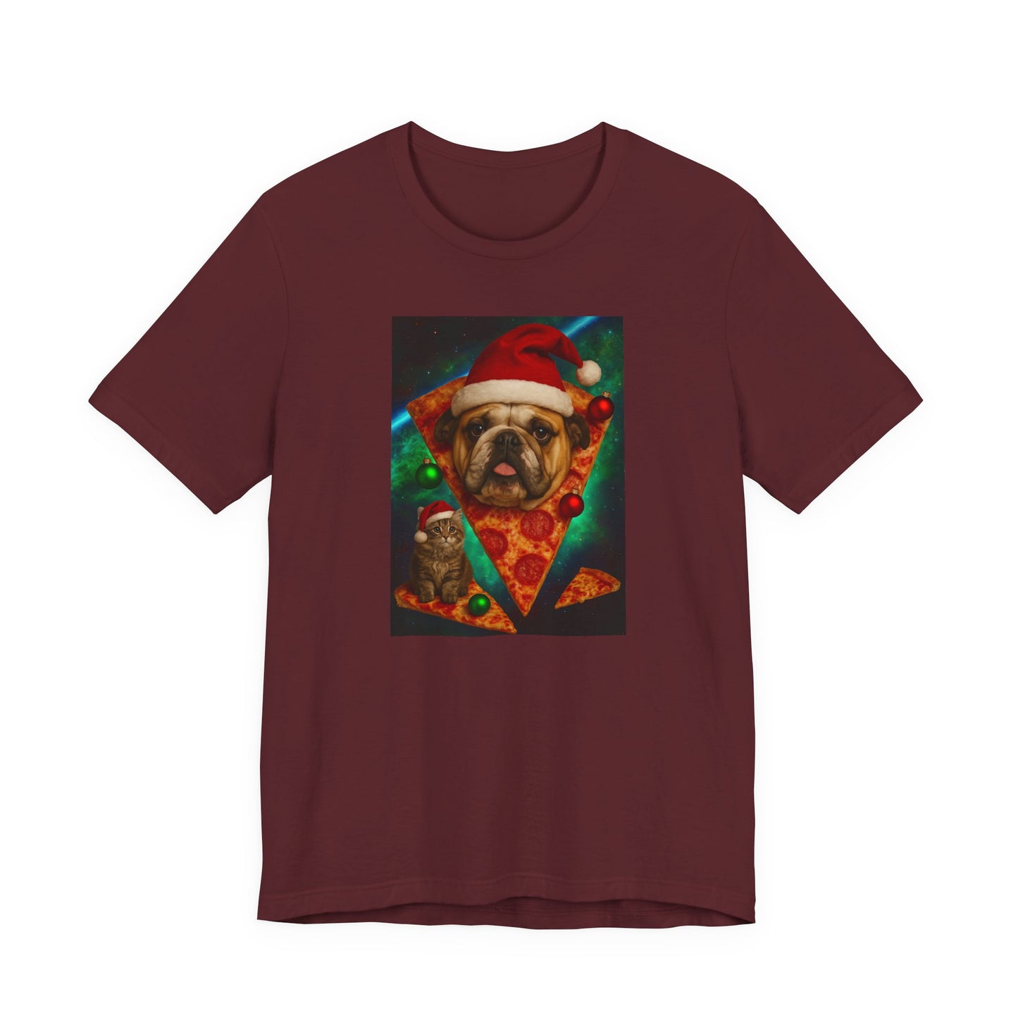 Festive Dog Pizza Tee - Unisex Short Sleeve T-Shirt, Funny Holiday Shirt, Pet Lover Gift, Christmas Apparel, Cute Animal Tee - Riff Raff Wear