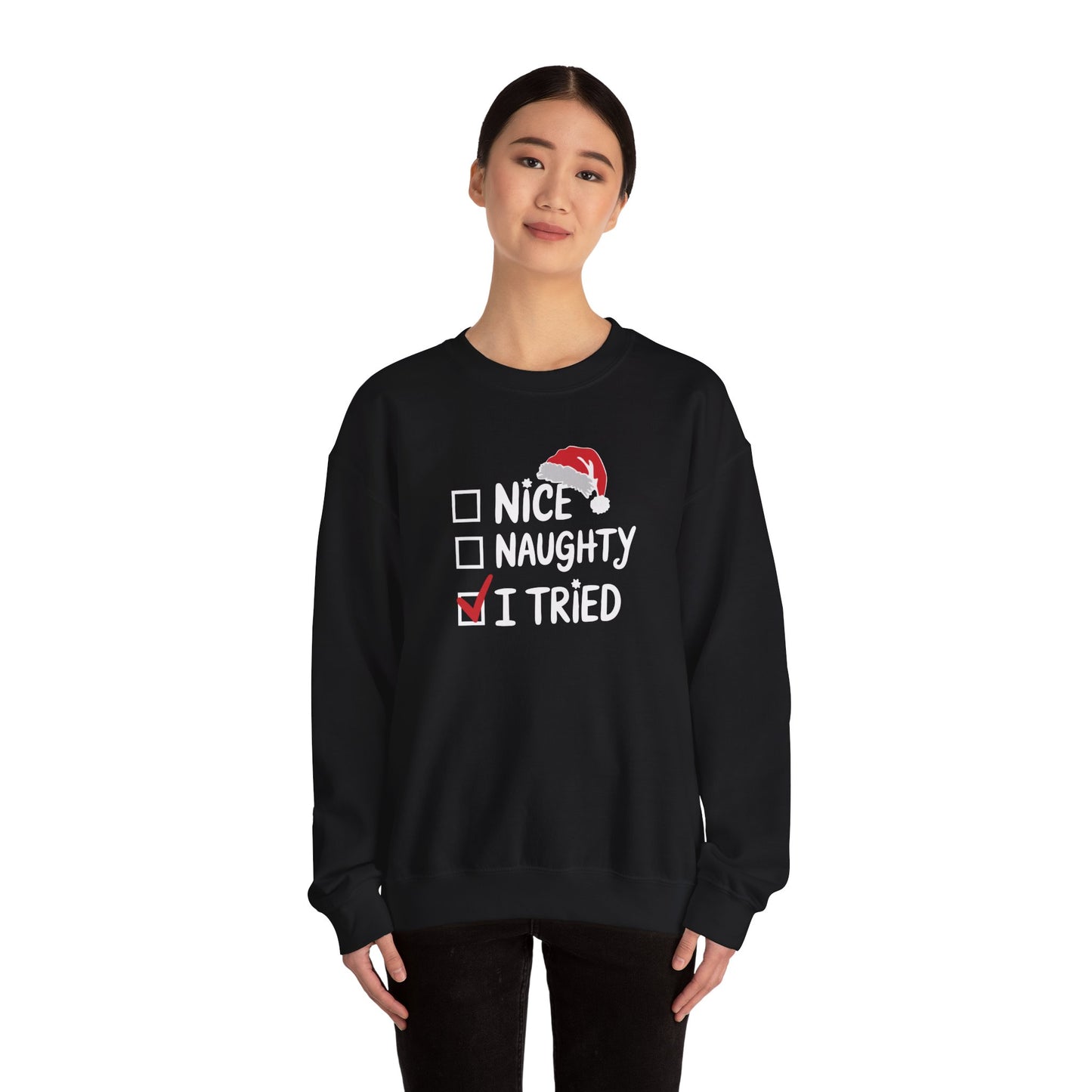 Christmas Sweatshirt, Funny Holiday Gift, Cozy Crewneck, Naughty Nice Humor, Unisex Winter Style, Festive Apparel - DMHoops.com