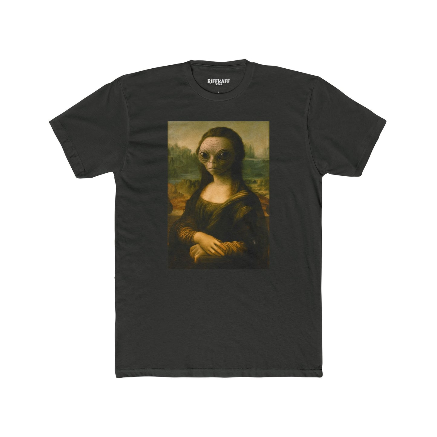 Alien Mona Lisa Unisex Cotton Crew Tee - Unique Graphic for Art Lovers - Riff Raff Wear