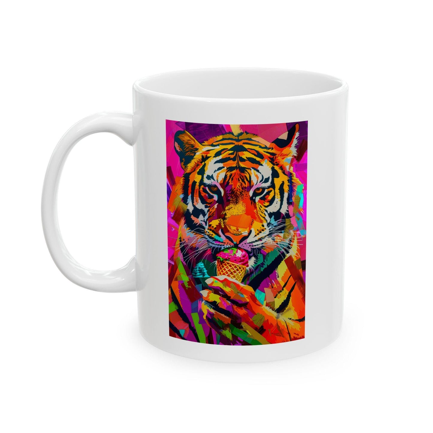 Riff Raff Wear Graphic Art Tiger Eating Ice Cream Ceramic Mug, (11oz, 15oz)