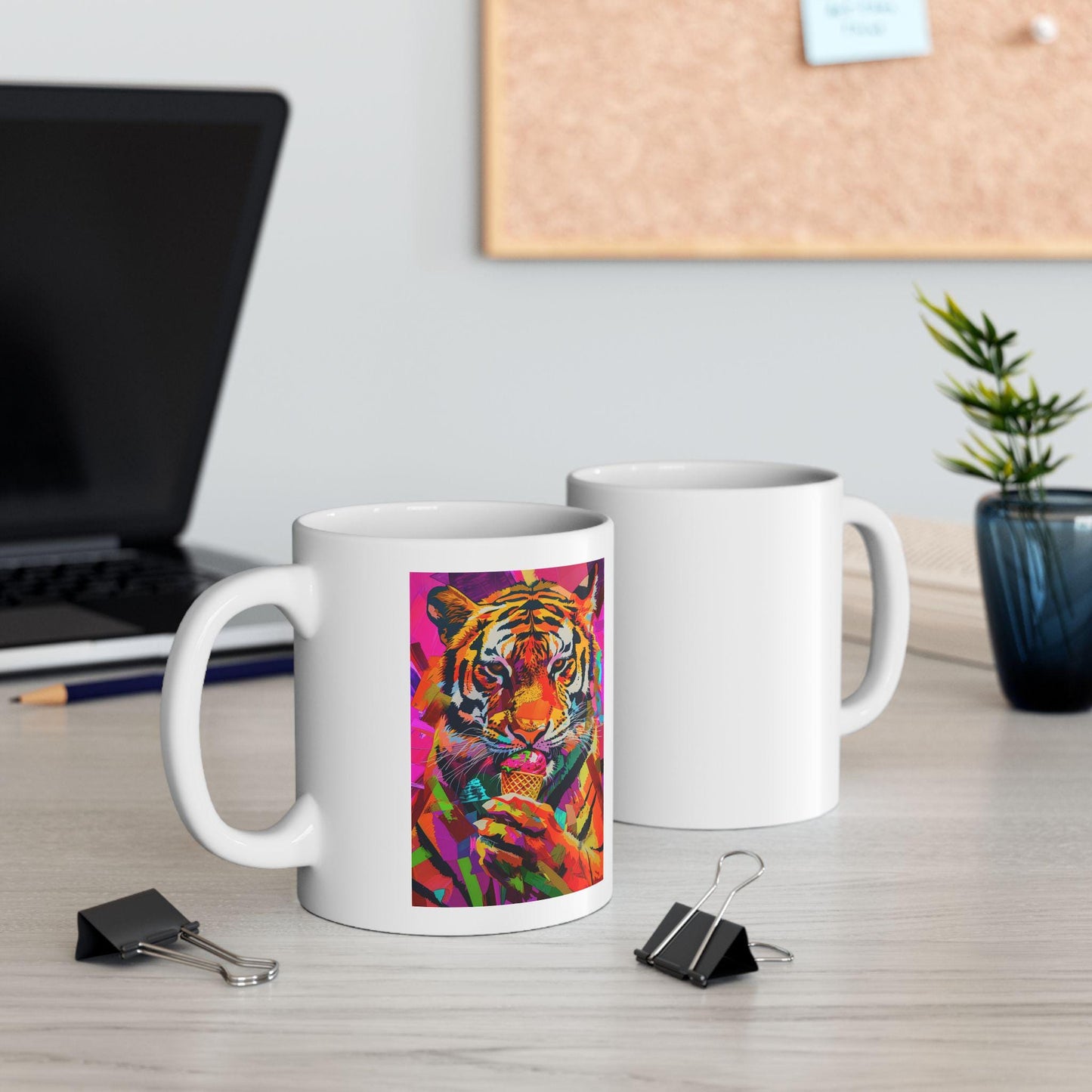 Riff Raff Wear Graphic Art Tiger Eating Ice Cream Ceramic Mug, (11oz, 15oz)