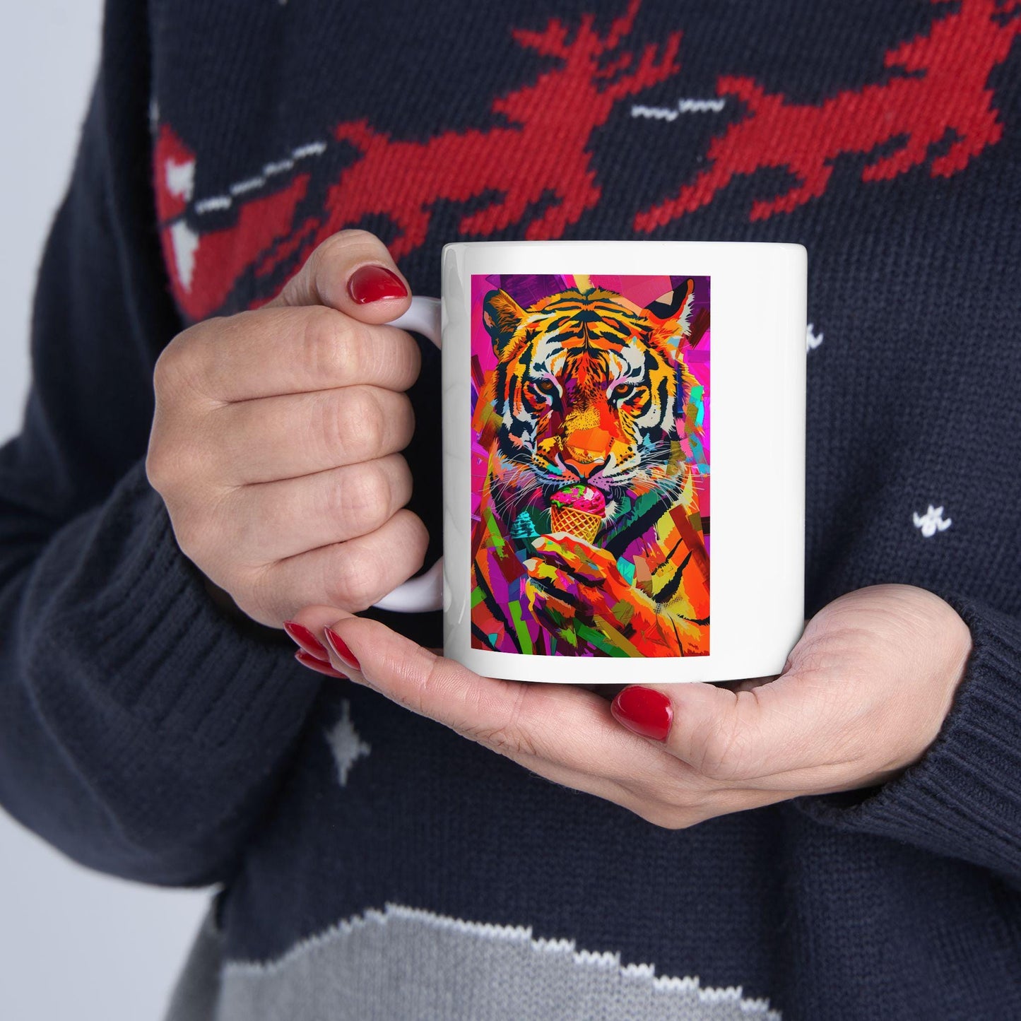 Riff Raff Wear Graphic Art Tiger Eating Ice Cream Ceramic Mug, (11oz, 15oz)