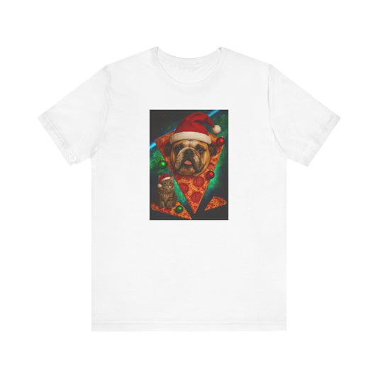 Festive Dog Pizza Tee - Unisex Short Sleeve T-Shirt, Funny Holiday Shirt, Pet Lover Gift, Christmas Apparel, Cute Animal Tee - Riff Raff Wear