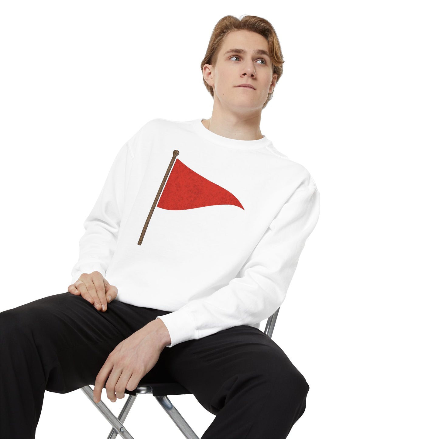 Unisex Garment-Dyed Sweatshirt with Red Flag Design - Casual Cozy Wear - Riff Raff Wear