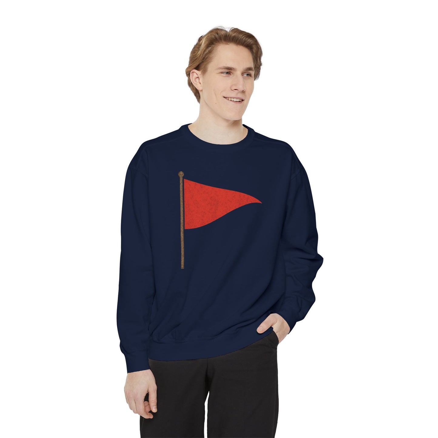 Unisex Garment-Dyed Sweatshirt with Red Flag Design - Casual Cozy Wear - Riff Raff Wear