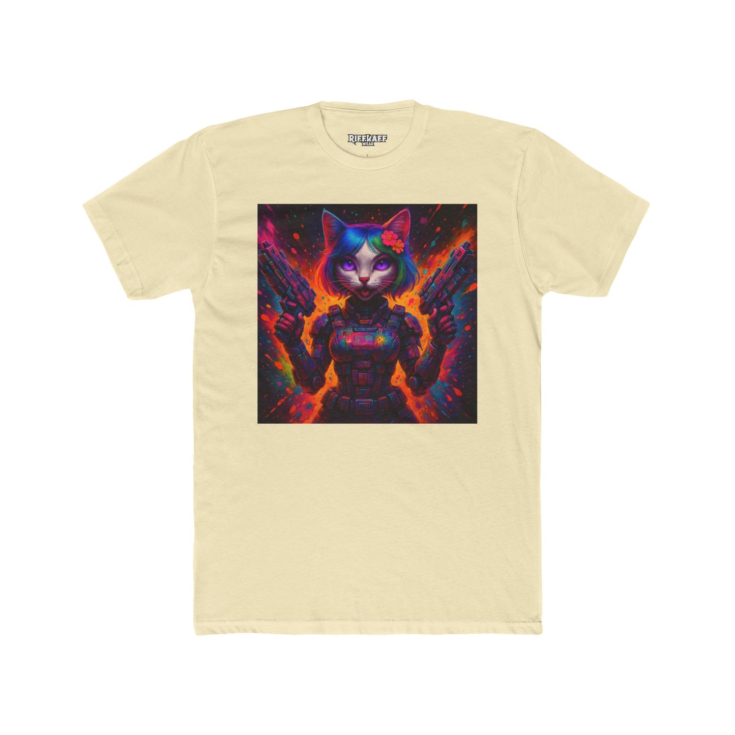 Futuristic Cat Warrior Unisex Cotton Crew Tee - Colorful for Animal Lovers - Riff Raff Wear
