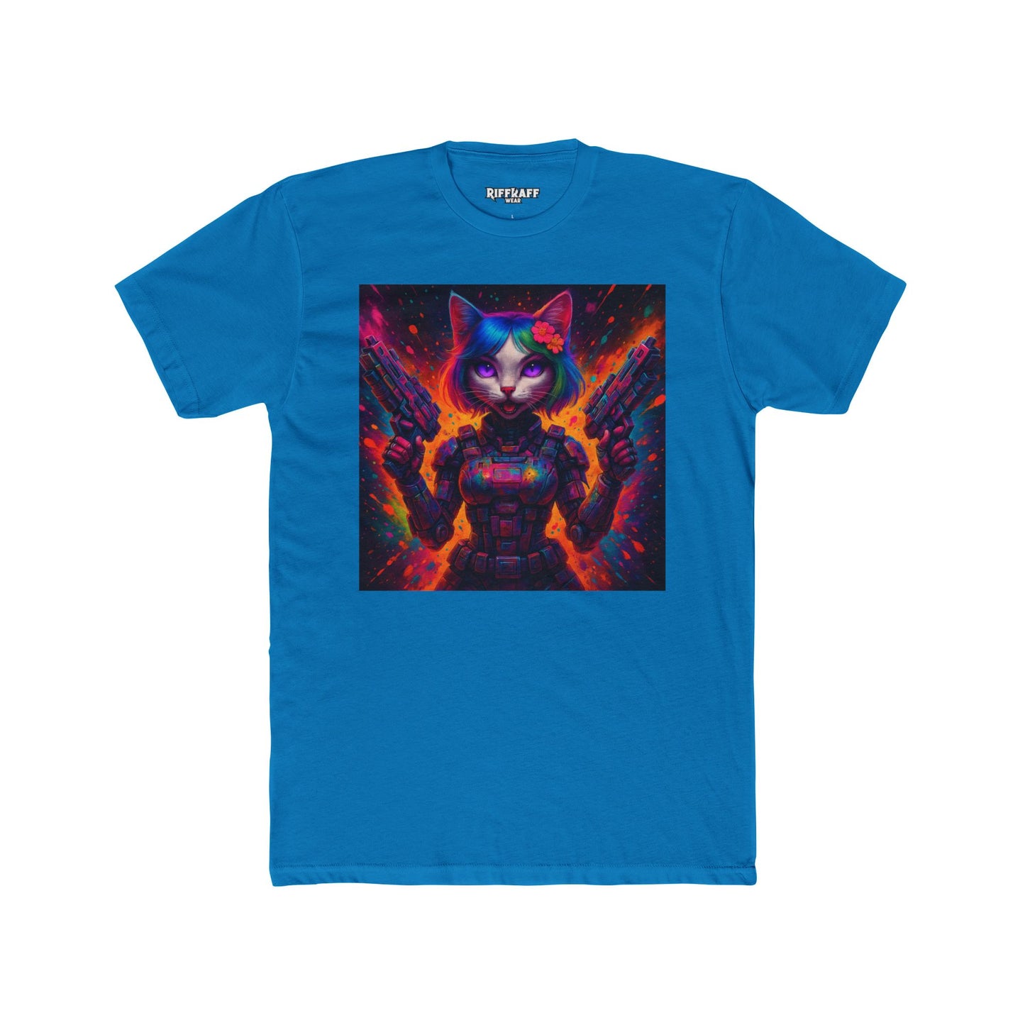 Futuristic Cat Warrior Unisex Cotton Crew Tee - Colorful for Animal Lovers - Riff Raff Wear