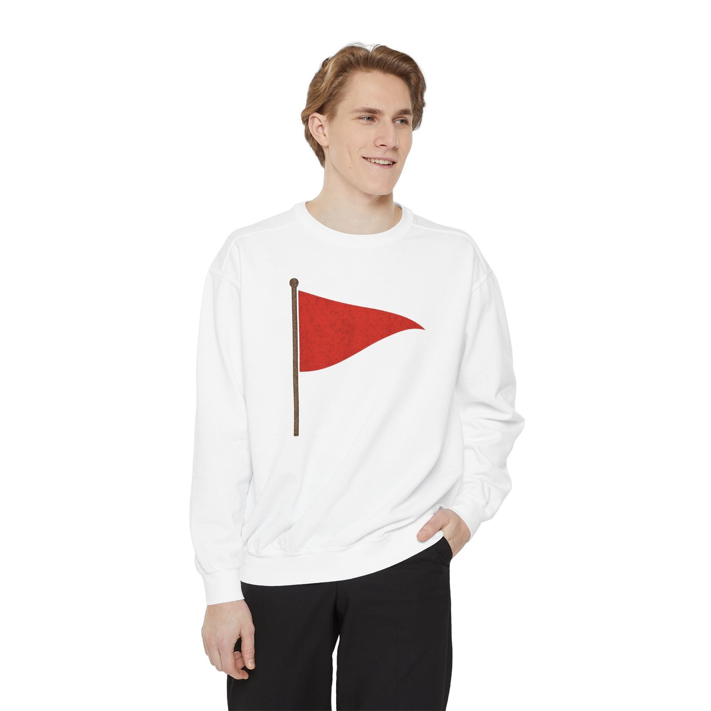 Unisex Garment-Dyed Sweatshirt with Red Flag Design - Casual Cozy Wear - Riff Raff Wear