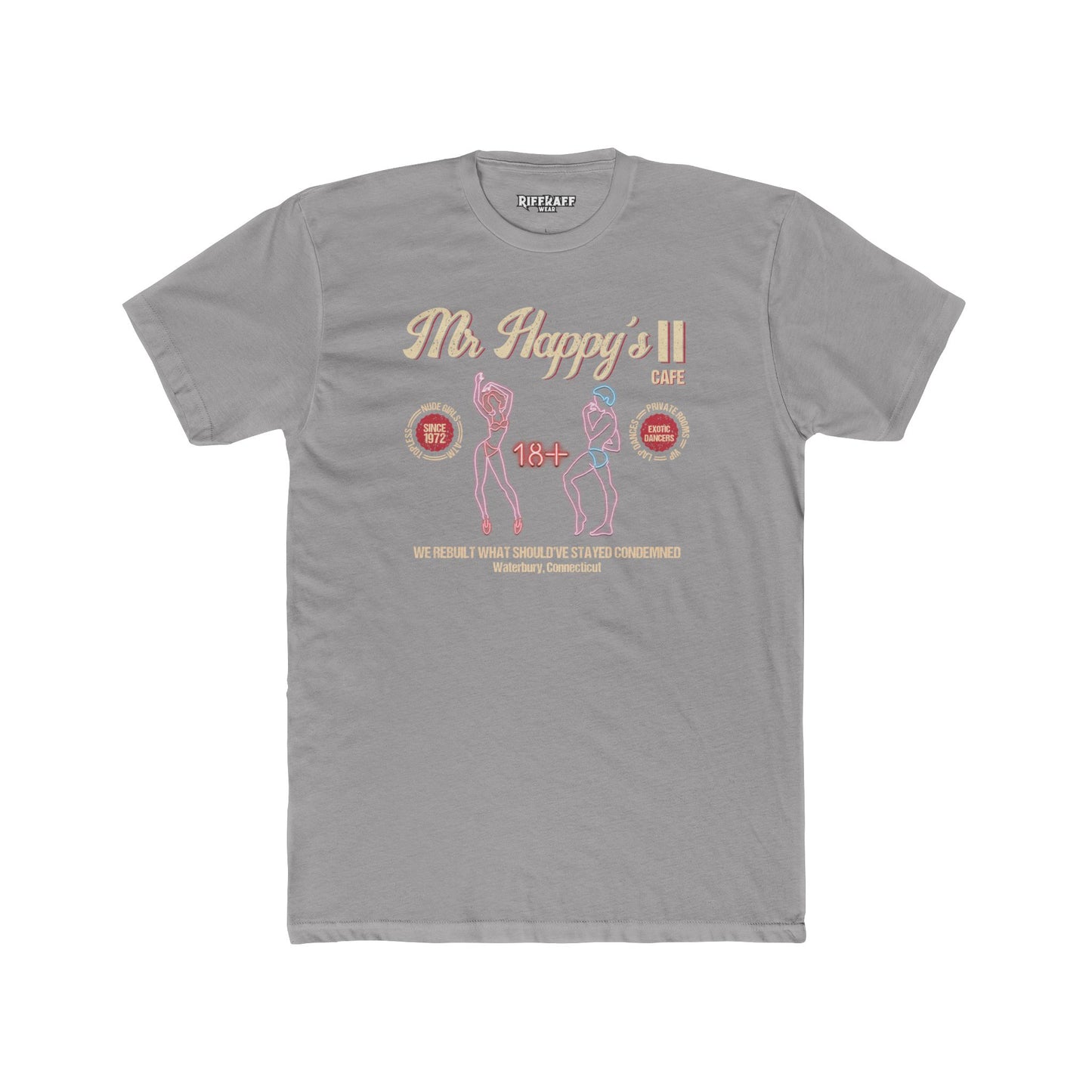 Mr. Happy's II Cafe Unisex Cotton Crew Tee - Fun Adult Humor T-Shirt - Riff Raff Wear Underground