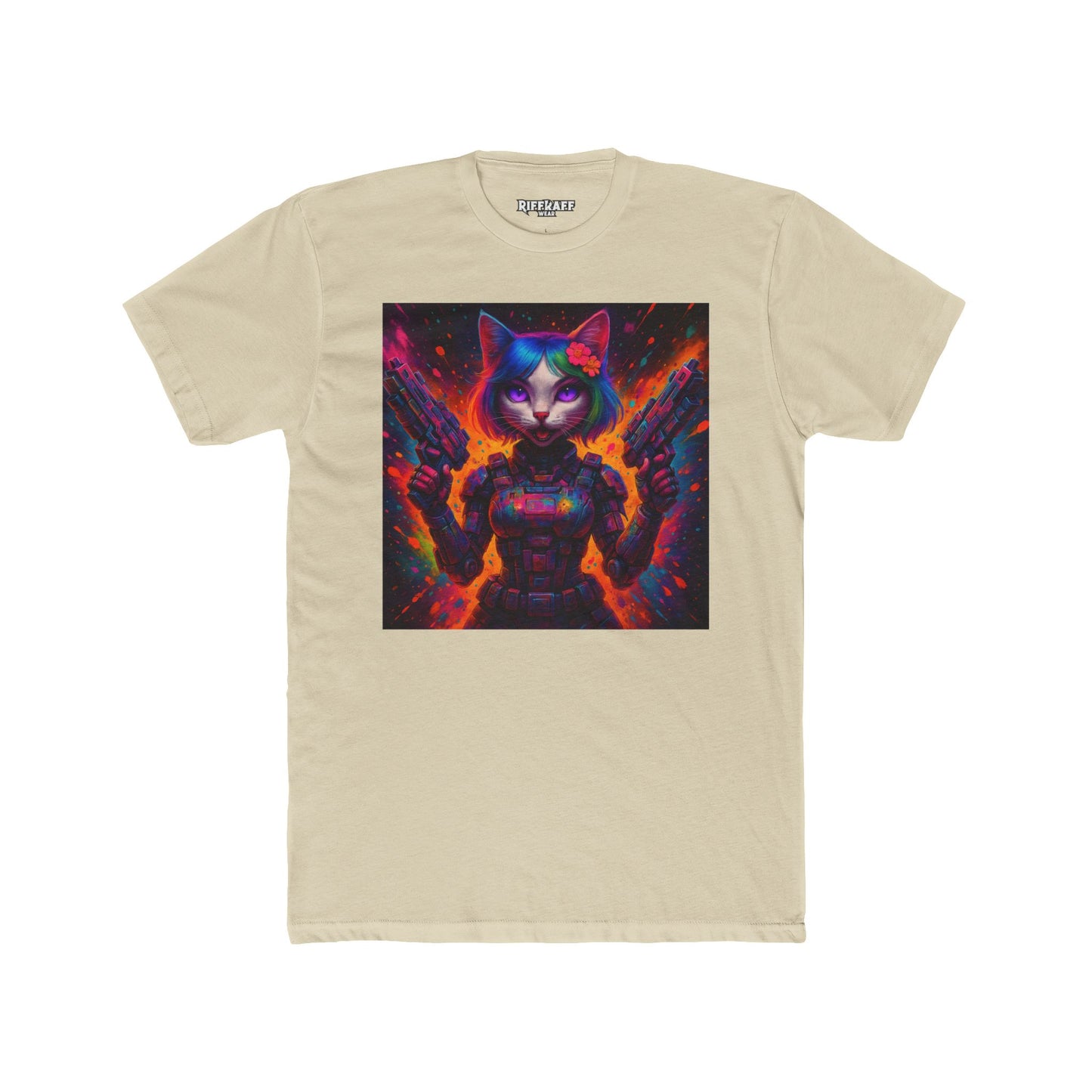 Futuristic Cat Warrior Unisex Cotton Crew Tee - Colorful for Animal Lovers - Riff Raff Wear