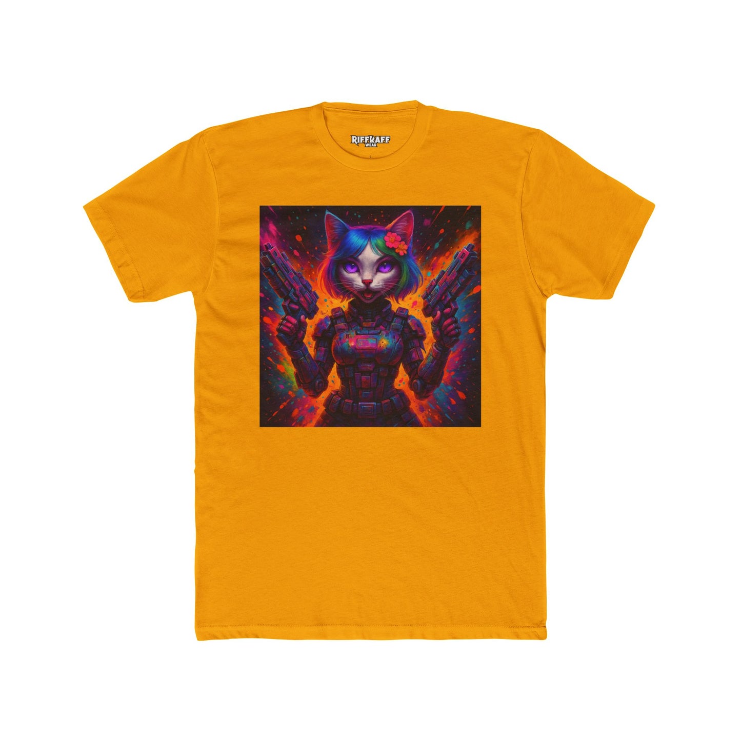 Futuristic Cat Warrior Unisex Cotton Crew Tee - Colorful for Animal Lovers - Riff Raff Wear