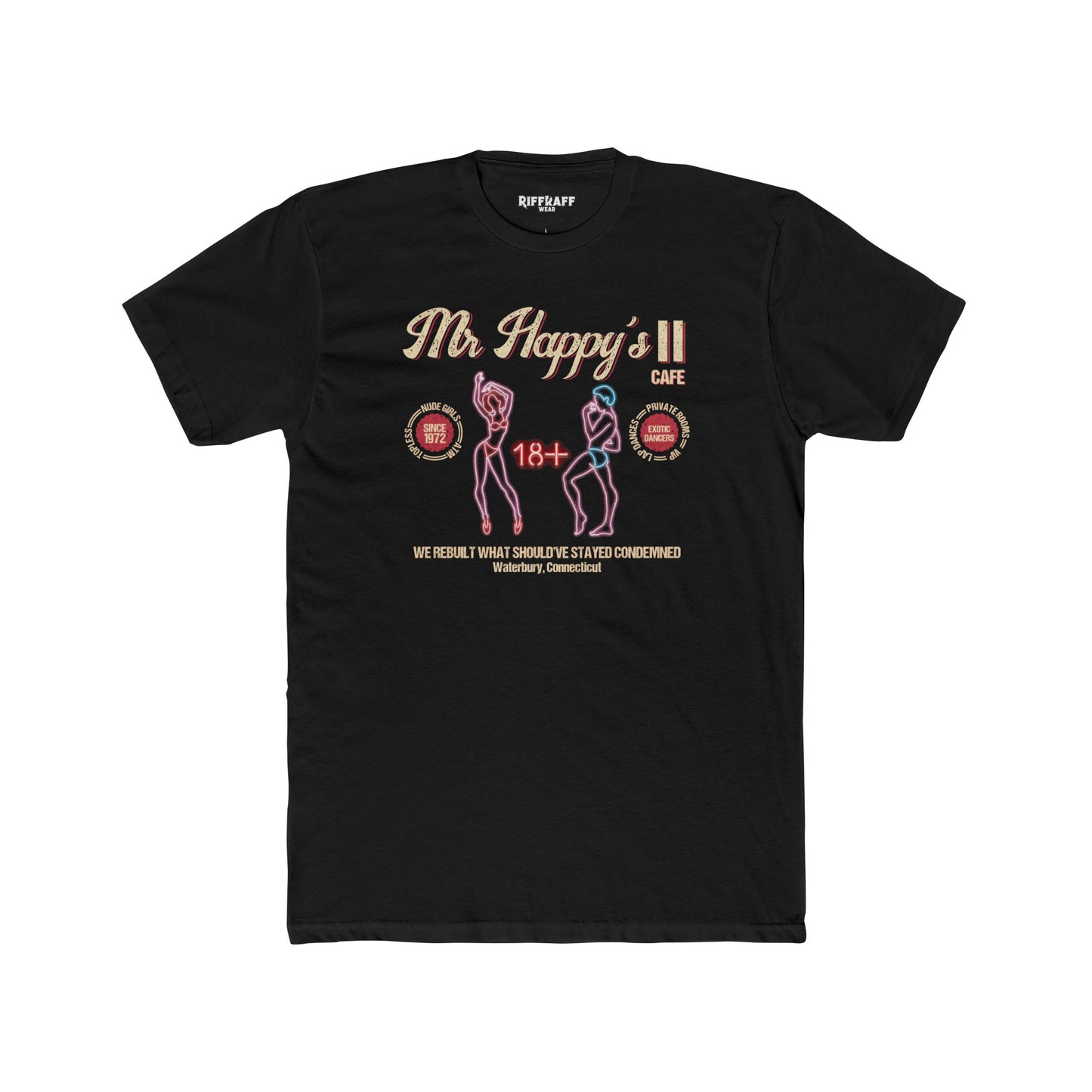 Mr. Happy's II Cafe Unisex Cotton Crew Tee - Fun Adult Humor T-Shirt - Riff Raff Wear Underground