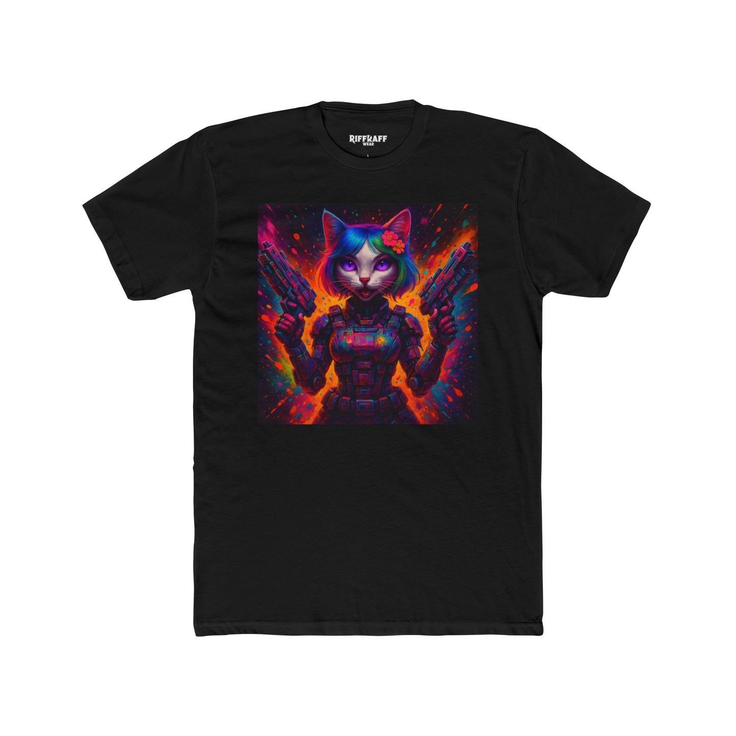 Futuristic Cat Warrior Unisex Cotton Crew Tee - Colorful for Animal Lovers - Riff Raff Wear