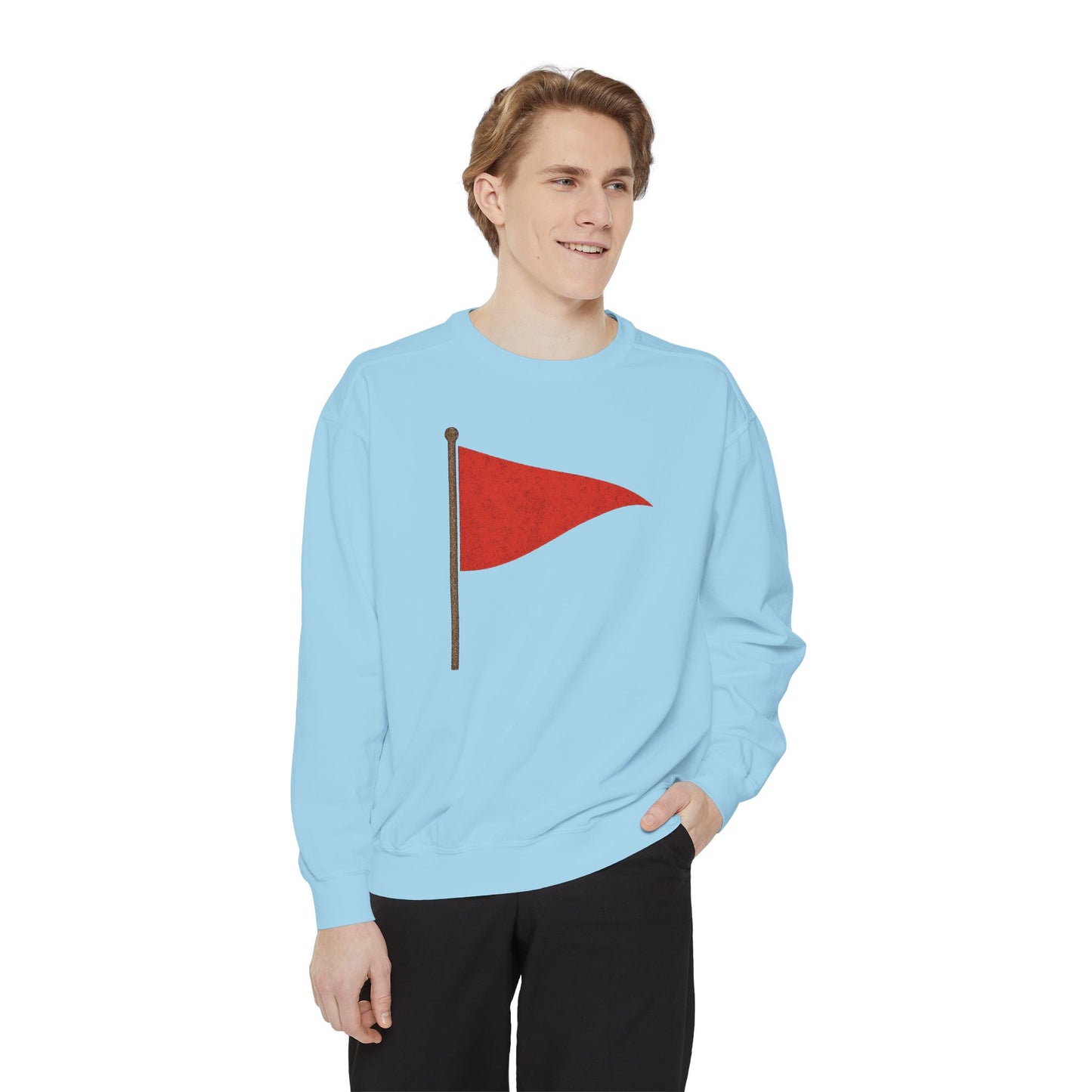 Unisex Garment-Dyed Sweatshirt with Red Flag Design - Casual Cozy Wear - Riff Raff Wear