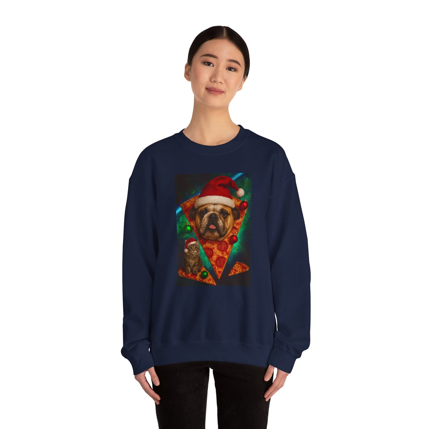 Festive Dog Pizza Sweatshirt, Holiday Gift, Christmas Apparel, Unisex Crewneck, Dog Lover Sweatshirt - Riff Raff Wear
