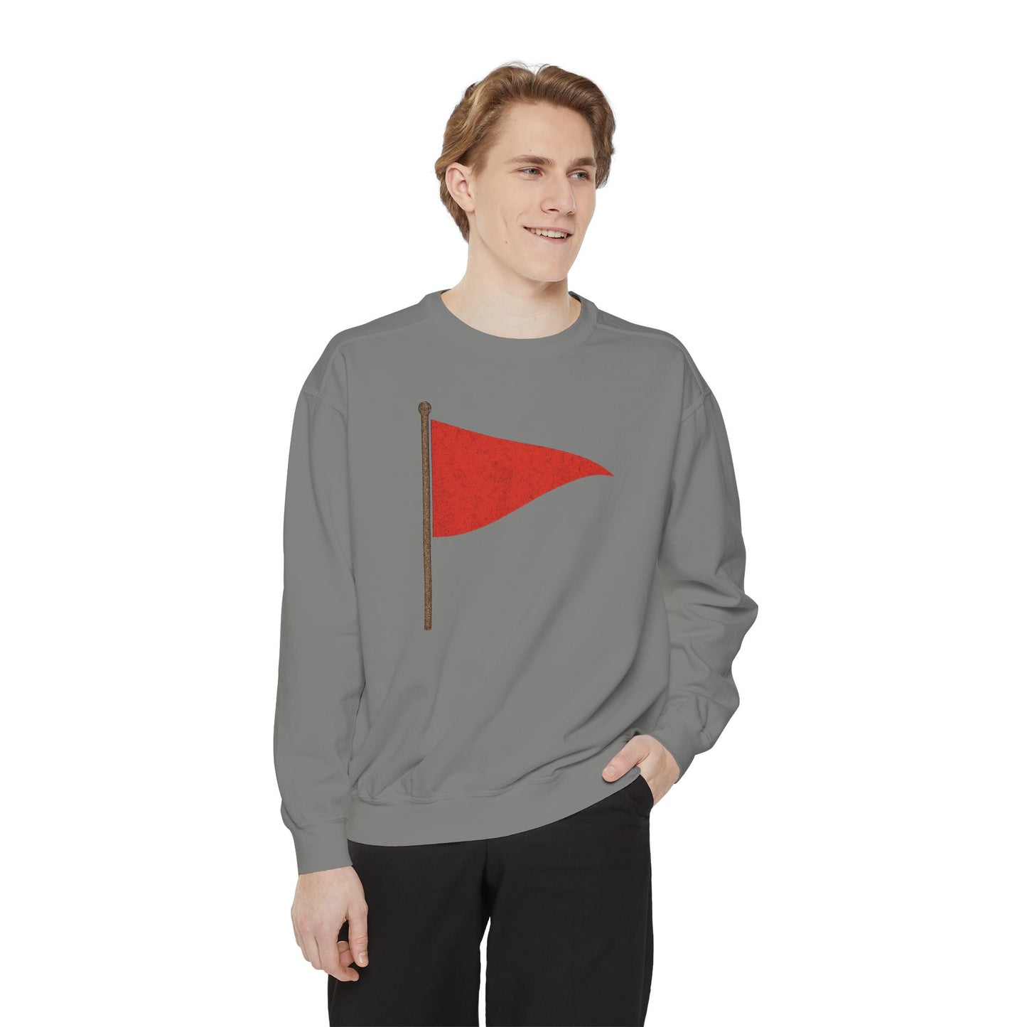 Unisex Garment-Dyed Sweatshirt with Red Flag Design - Casual Cozy Wear - Riff Raff Wear