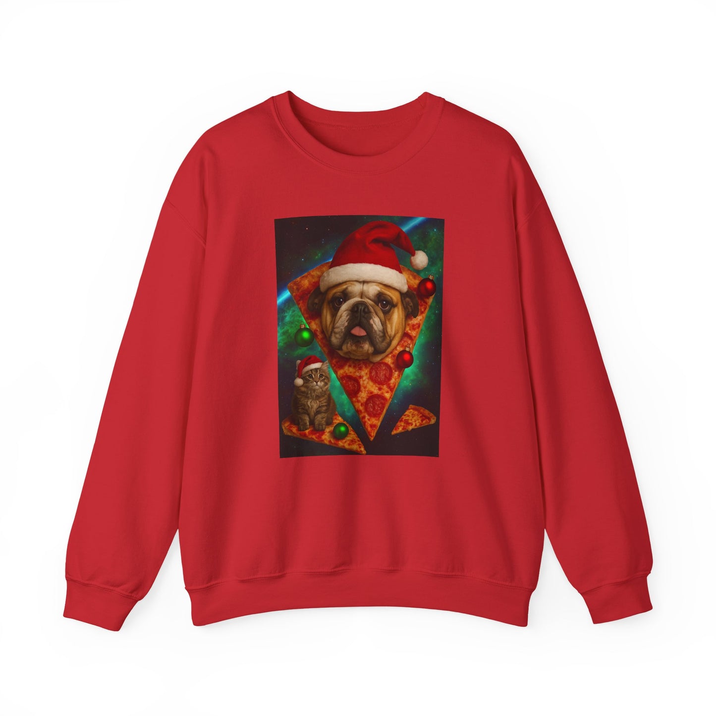 Festive Dog Pizza Sweatshirt, Holiday Gift, Christmas Apparel, Unisex Crewneck, Dog Lover Sweatshirt - Riff Raff Wear