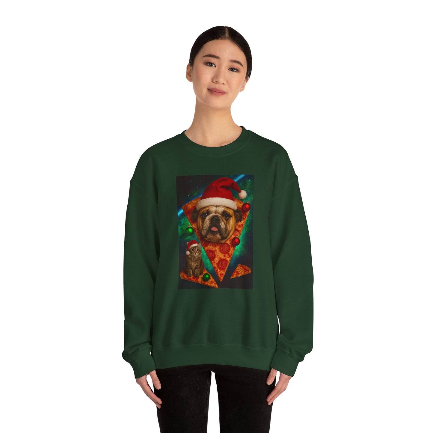 Festive Dog Pizza Sweatshirt, Holiday Gift, Christmas Apparel, Unisex Crewneck, Dog Lover Sweatshirt - Riff Raff Wear