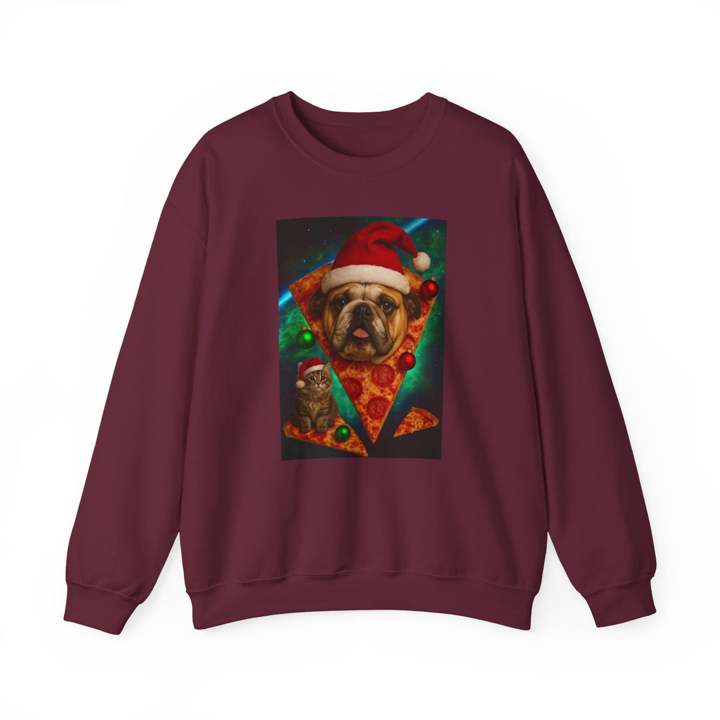 Festive Dog Pizza Sweatshirt, Holiday Gift, Christmas Apparel, Unisex Crewneck, Dog Lover Sweatshirt - Riff Raff Wear
