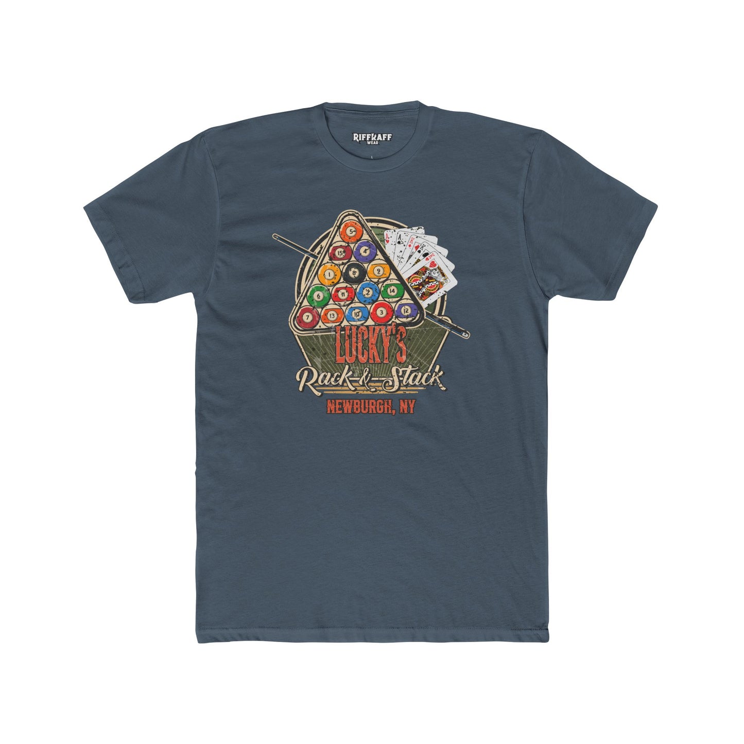 Lucky's Pool Hall Unisex Cotton Crew Tee Pool Up Front. Poker In The Rear. - Riff Raff Wear Underground