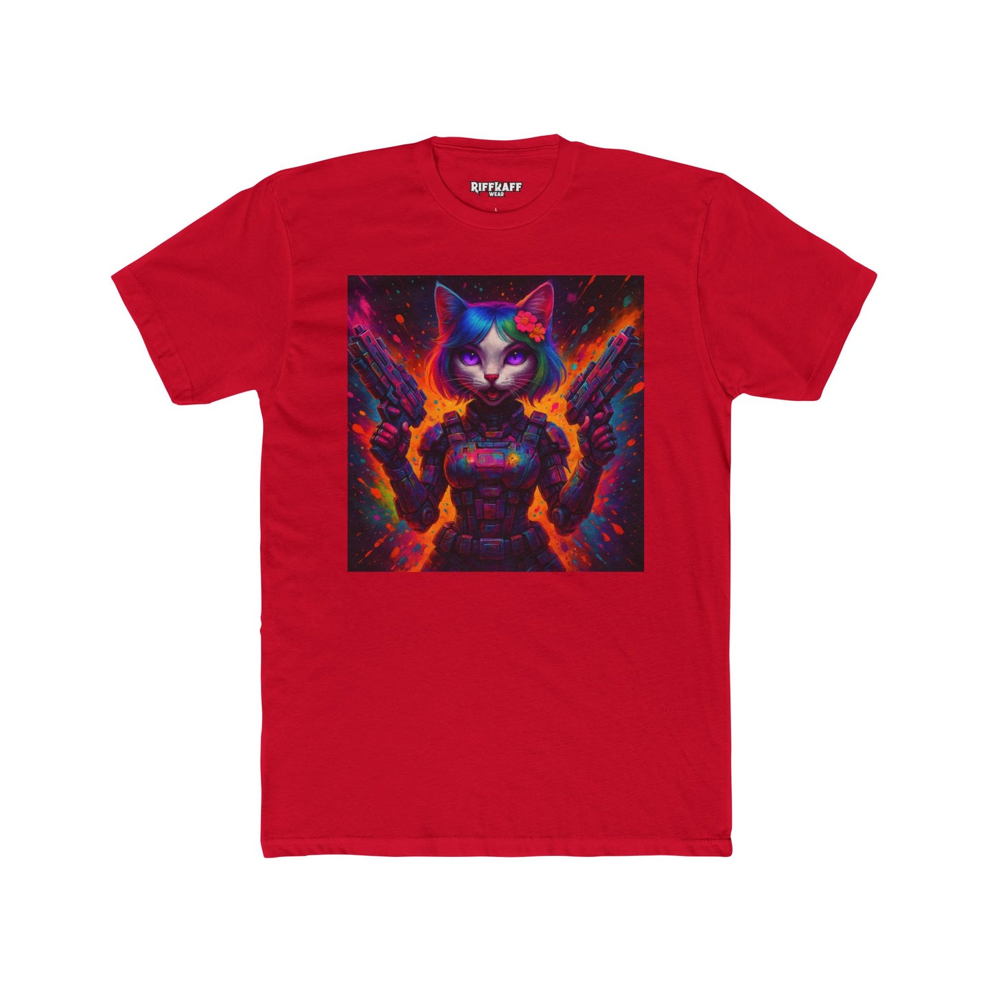 Futuristic Cat Warrior Unisex Cotton Crew Tee - Colorful for Animal Lovers - Riff Raff Wear