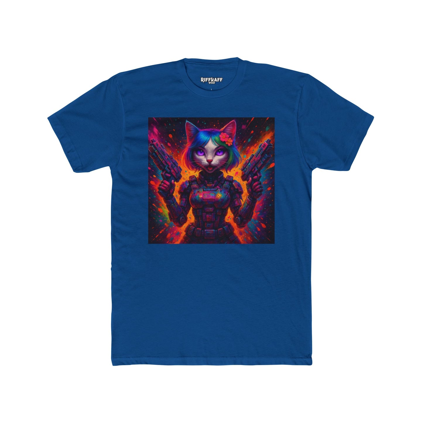 Futuristic Cat Warrior Unisex Cotton Crew Tee - Colorful for Animal Lovers - Riff Raff Wear
