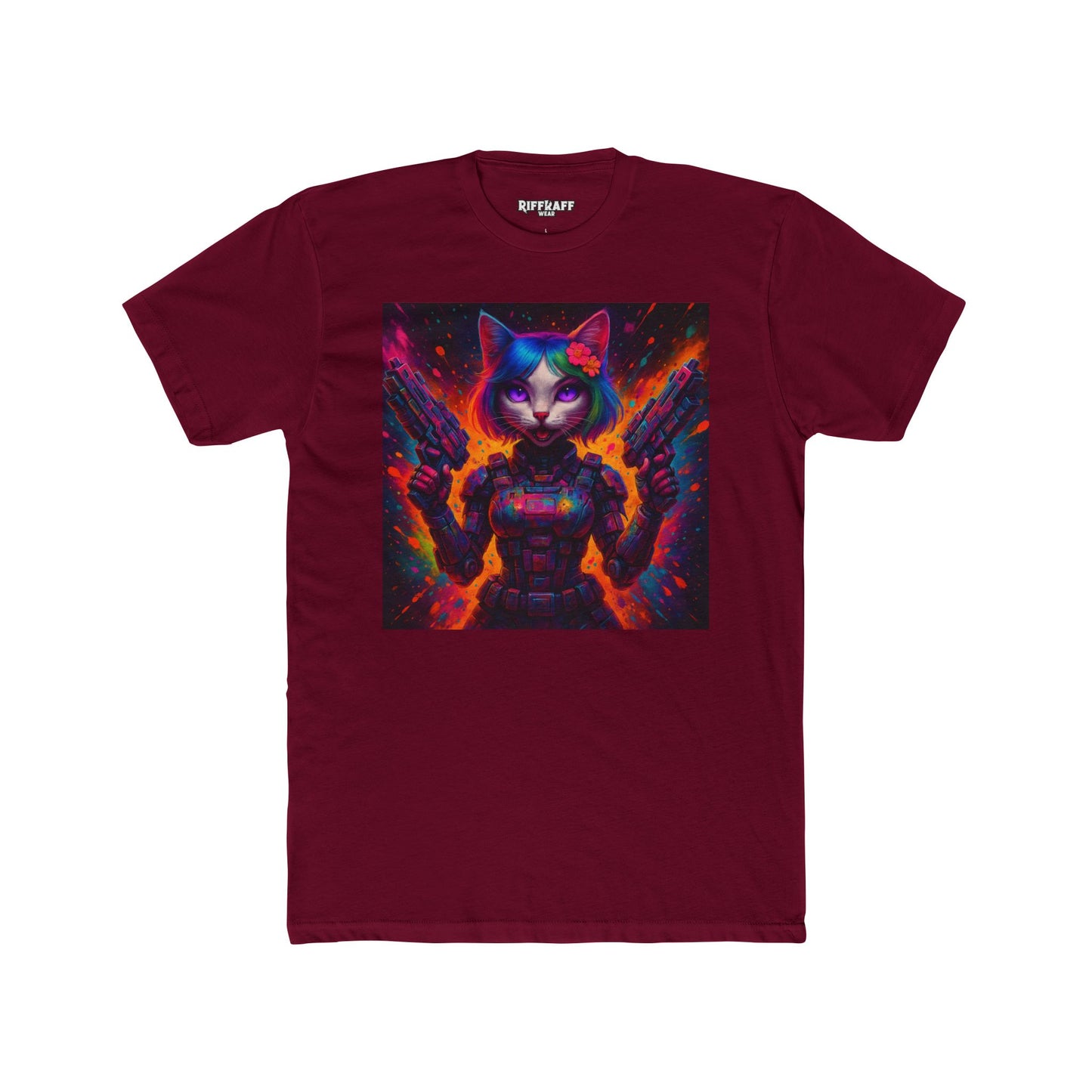 Futuristic Cat Warrior Unisex Cotton Crew Tee - Colorful for Animal Lovers - Riff Raff Wear