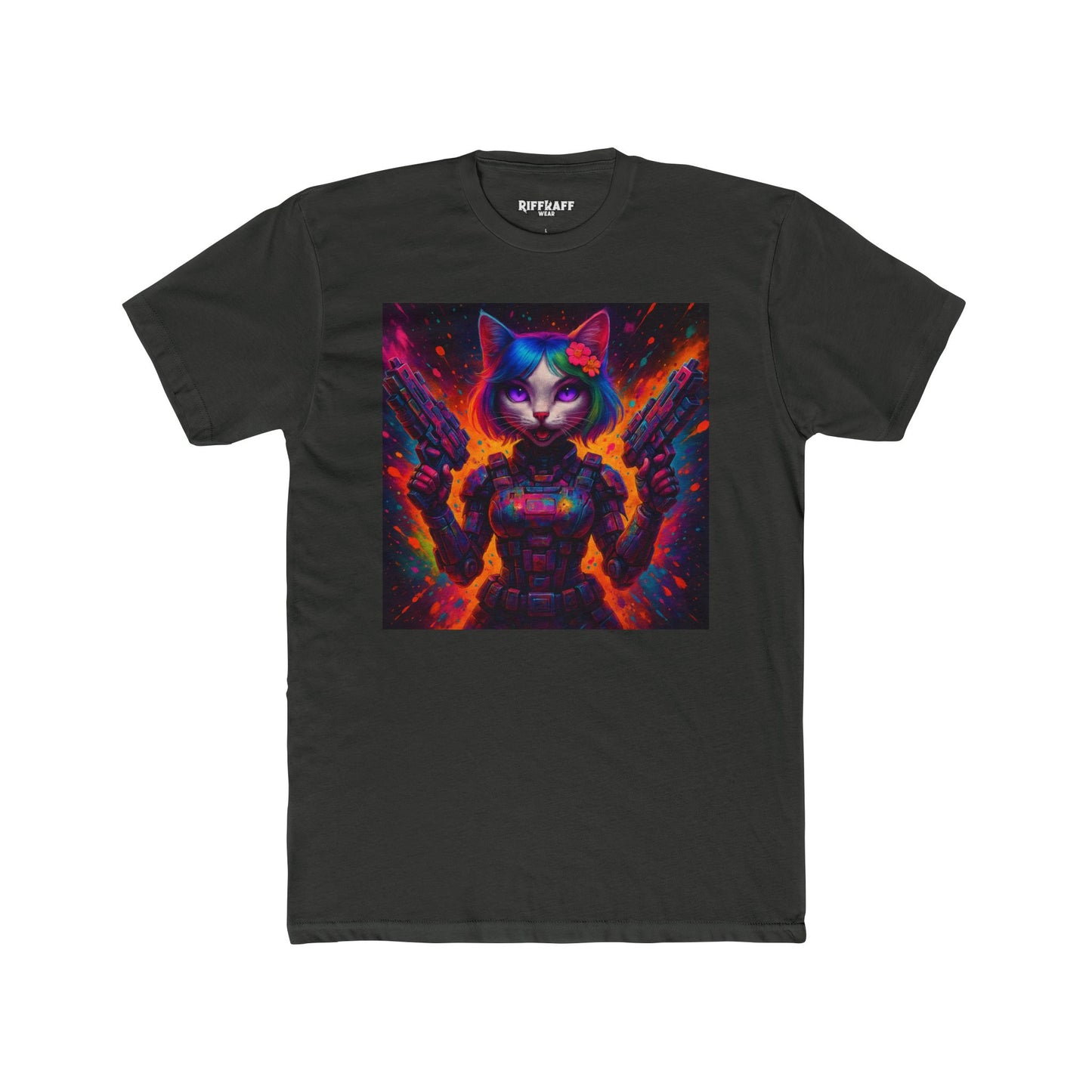 Futuristic Cat Warrior Unisex Cotton Crew Tee - Colorful for Animal Lovers - Riff Raff Wear