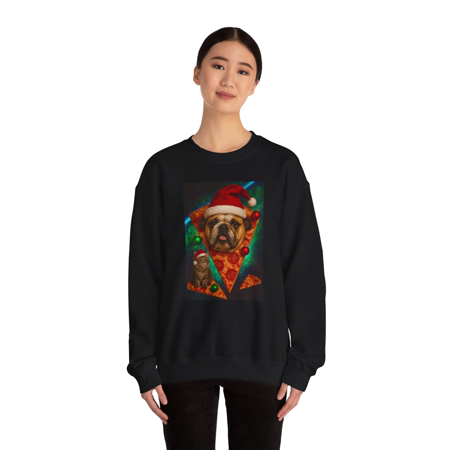 Festive Dog Pizza Sweatshirt, Holiday Gift, Christmas Apparel, Unisex Crewneck, Dog Lover Sweatshirt - Riff Raff Wear