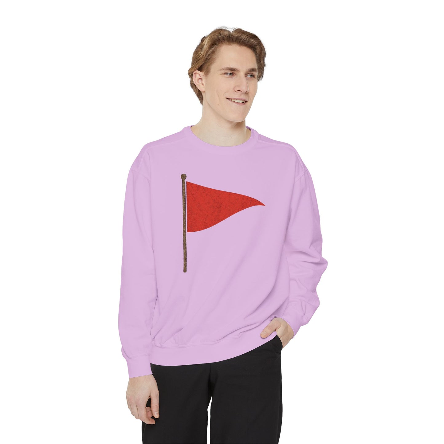 Unisex Garment-Dyed Sweatshirt with Red Flag Design - Casual Cozy Wear - Riff Raff Wear