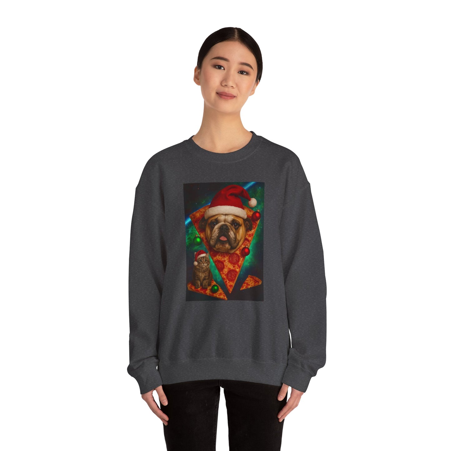 Festive Dog Pizza Sweatshirt, Holiday Gift, Christmas Apparel, Unisex Crewneck, Dog Lover Sweatshirt - Riff Raff Wear
