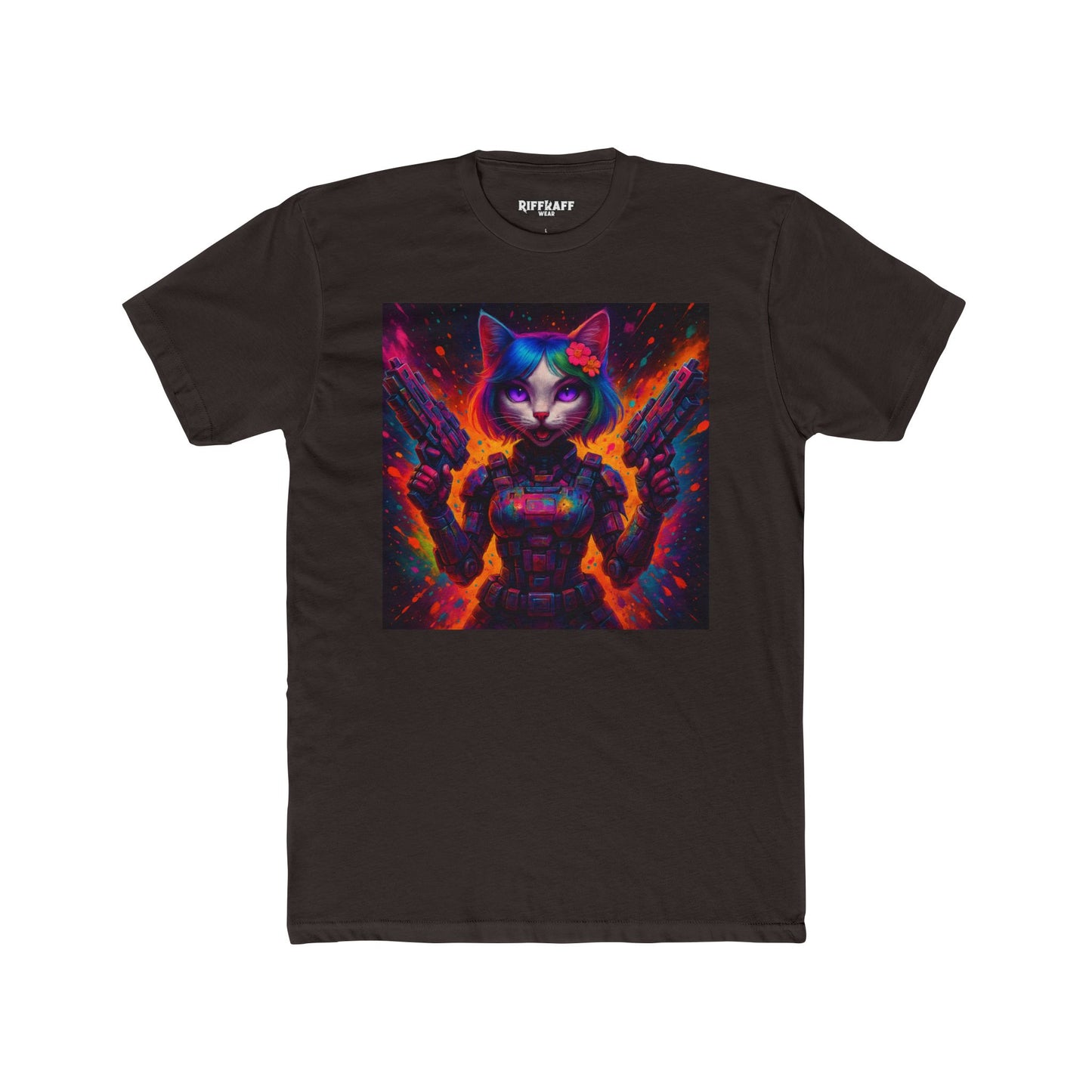 Futuristic Cat Warrior Unisex Cotton Crew Tee - Colorful for Animal Lovers - Riff Raff Wear