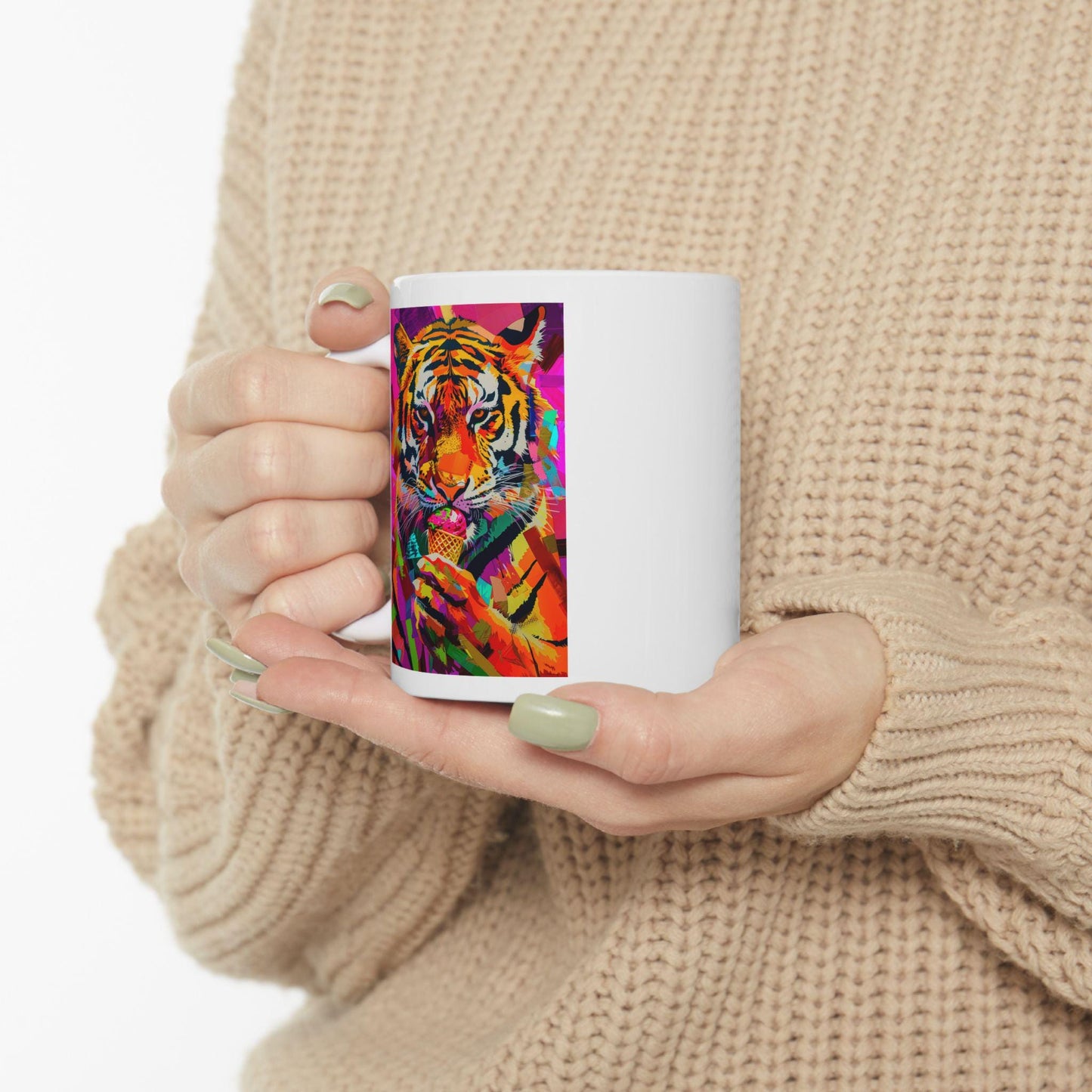 Riff Raff Wear Graphic Art Tiger Eating Ice Cream Ceramic Mug, (11oz, 15oz)